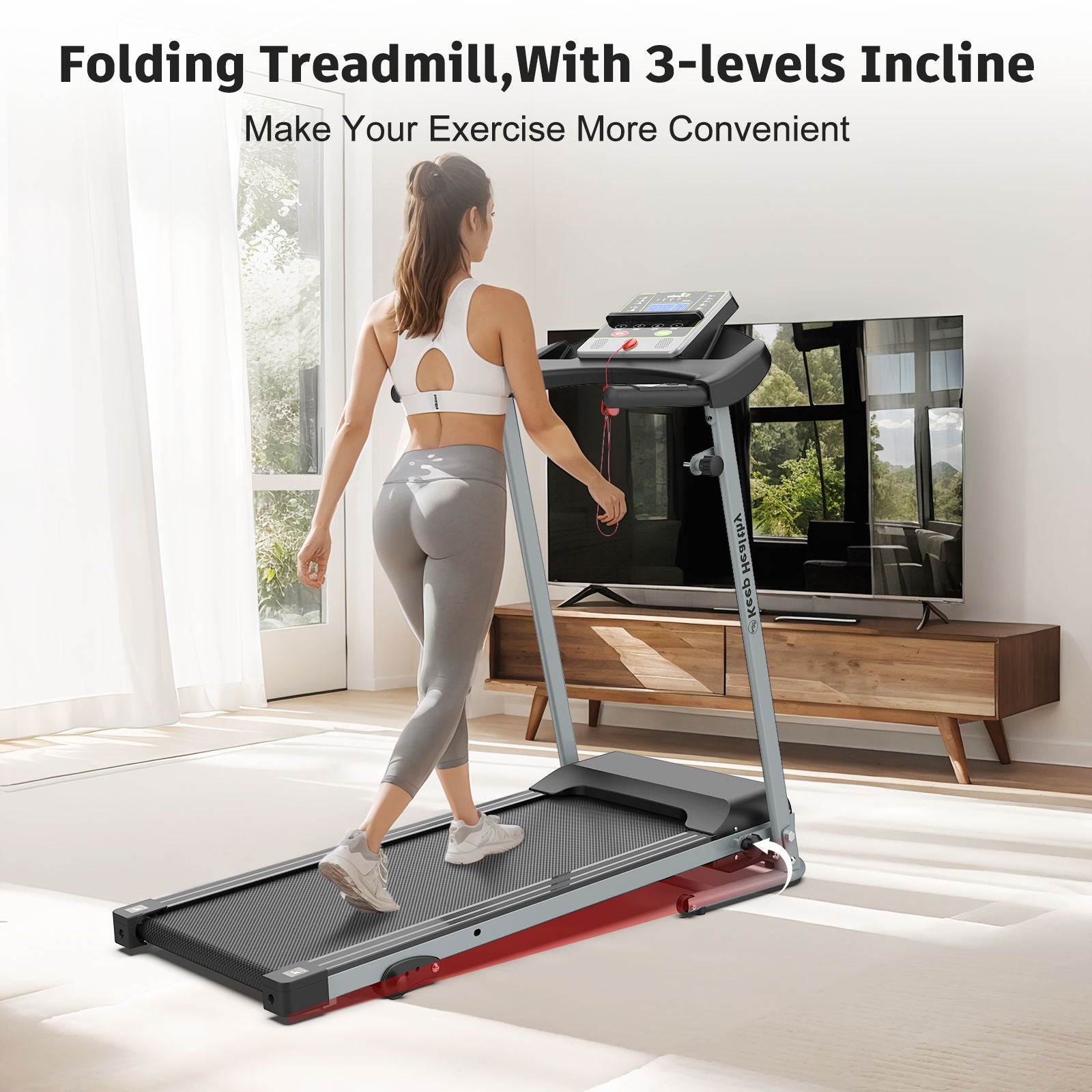 Folding Treadmill With Incline 2.5Hp 12Km / H Electric Treadmill For Home Foldable, Bluetooth Music Cup Holder Heart Rate Sensor Walking Running Machine For Indoor Home Gym Exercise Fitness