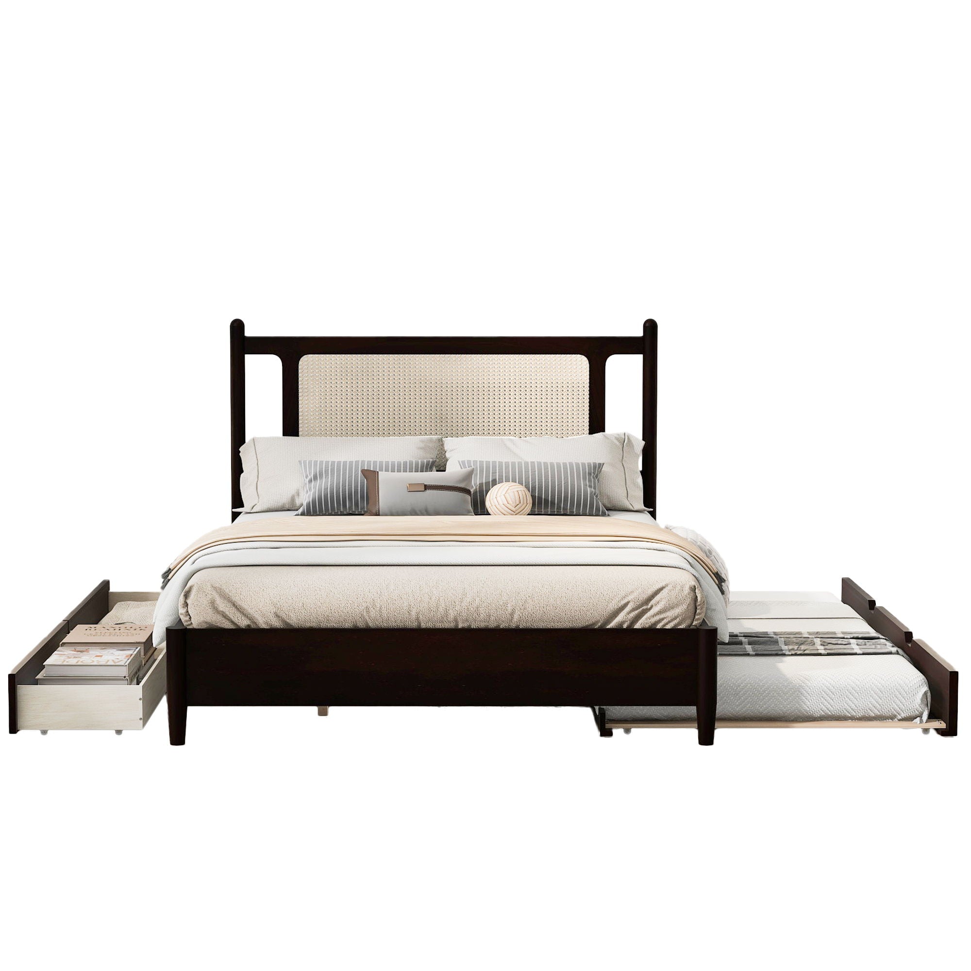 Wooden Rattan Platform Bed, With 2 Big Drawers & Trundle