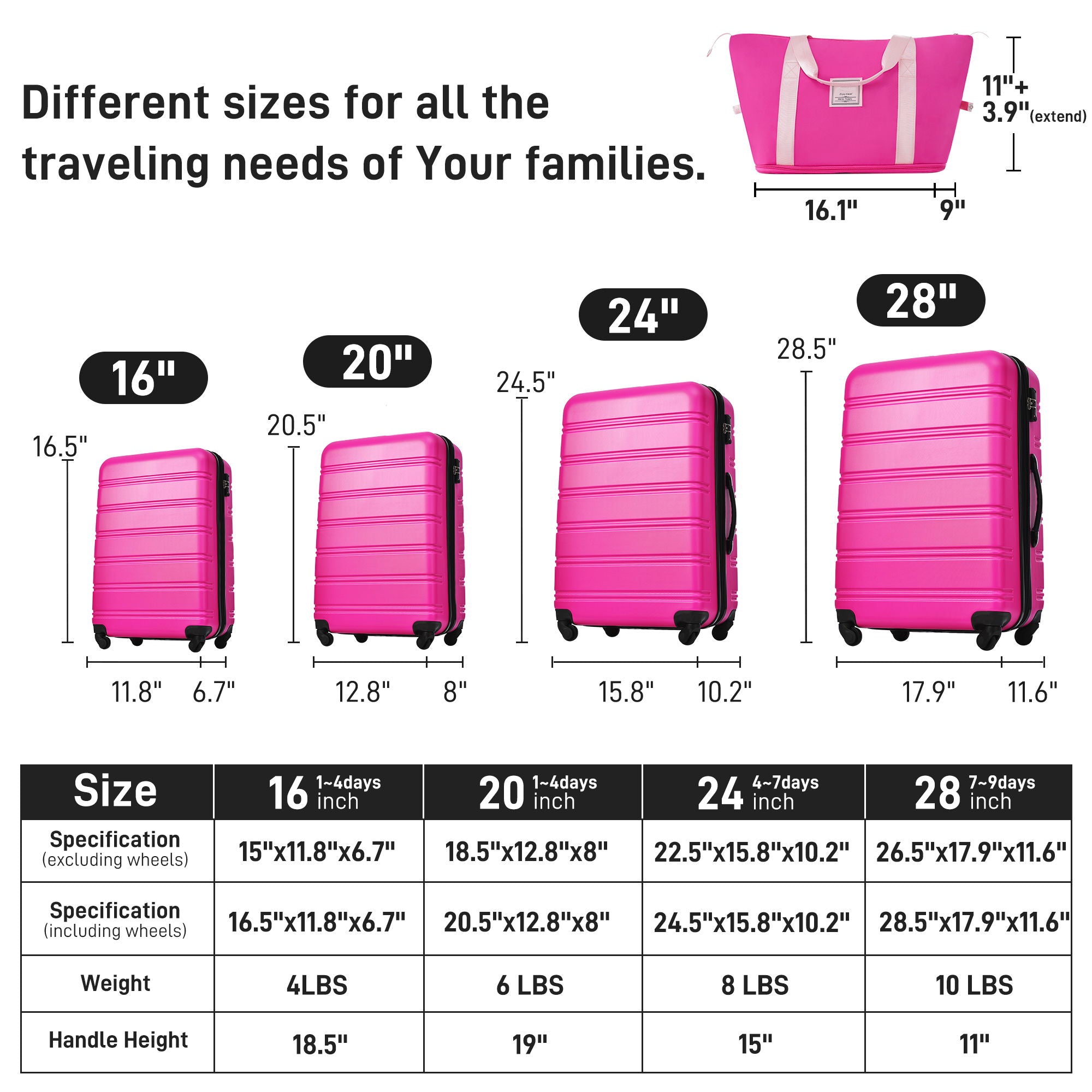 Hardshell Luggage Sets 4 Pieces + Bag Spinner Suitcase With Tsa Lock Lightweight - 16" / 20" / 24" / 28" Luggages