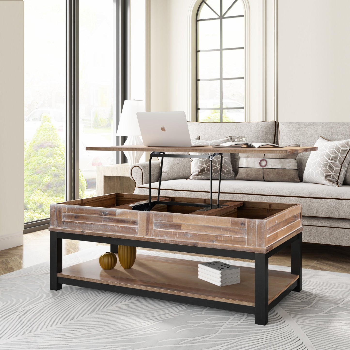 U-style Lift Top Coffee Table with Inner Storage  Space and Shelf (As same As WF198291AAN)