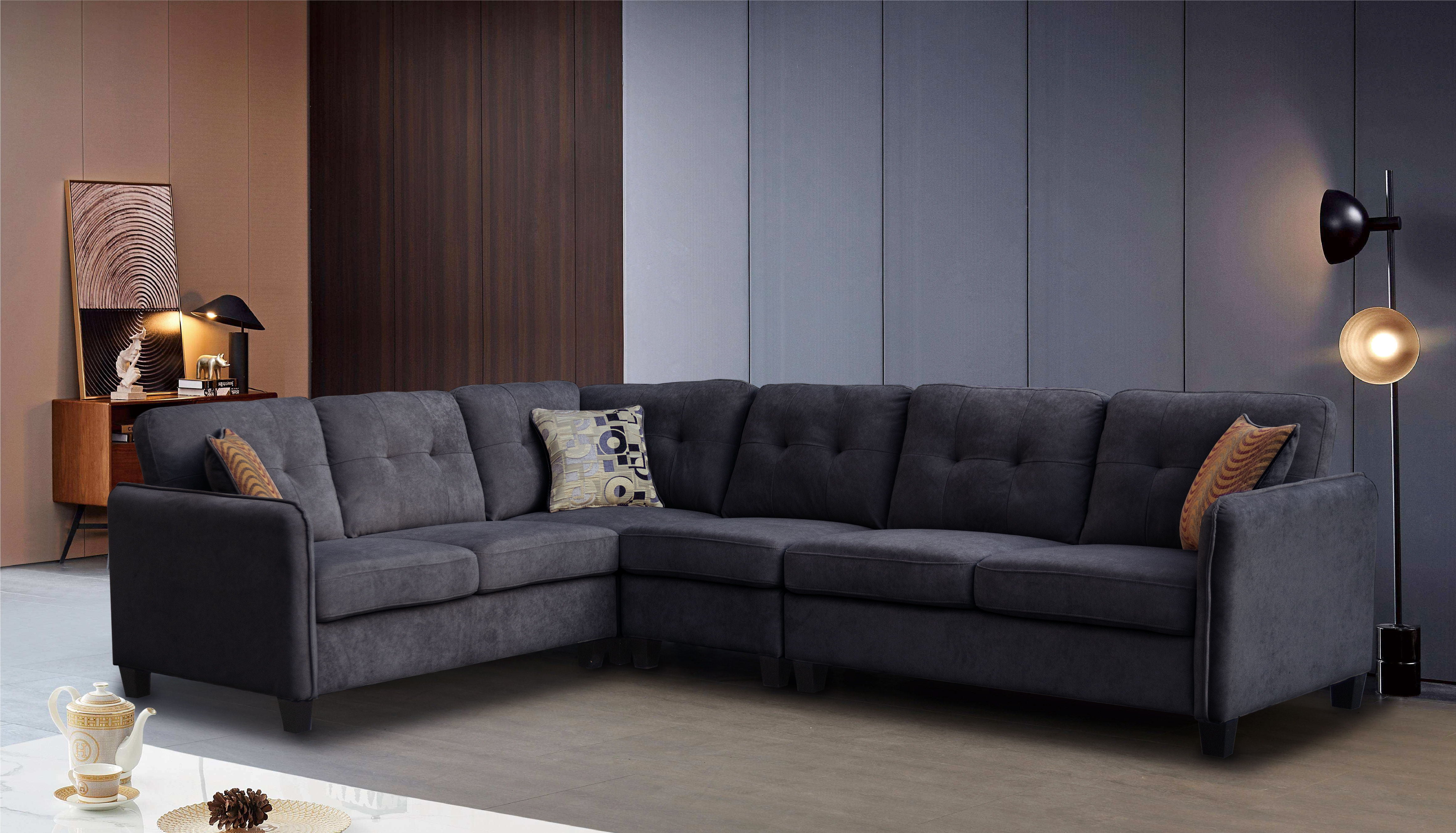 Archie - Velvet 6 Seater Sectional Sofa - Black