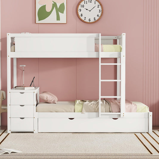 Twin-Over-Twin Bunk Bed with Twin size Trundle, Storage and Desk, White