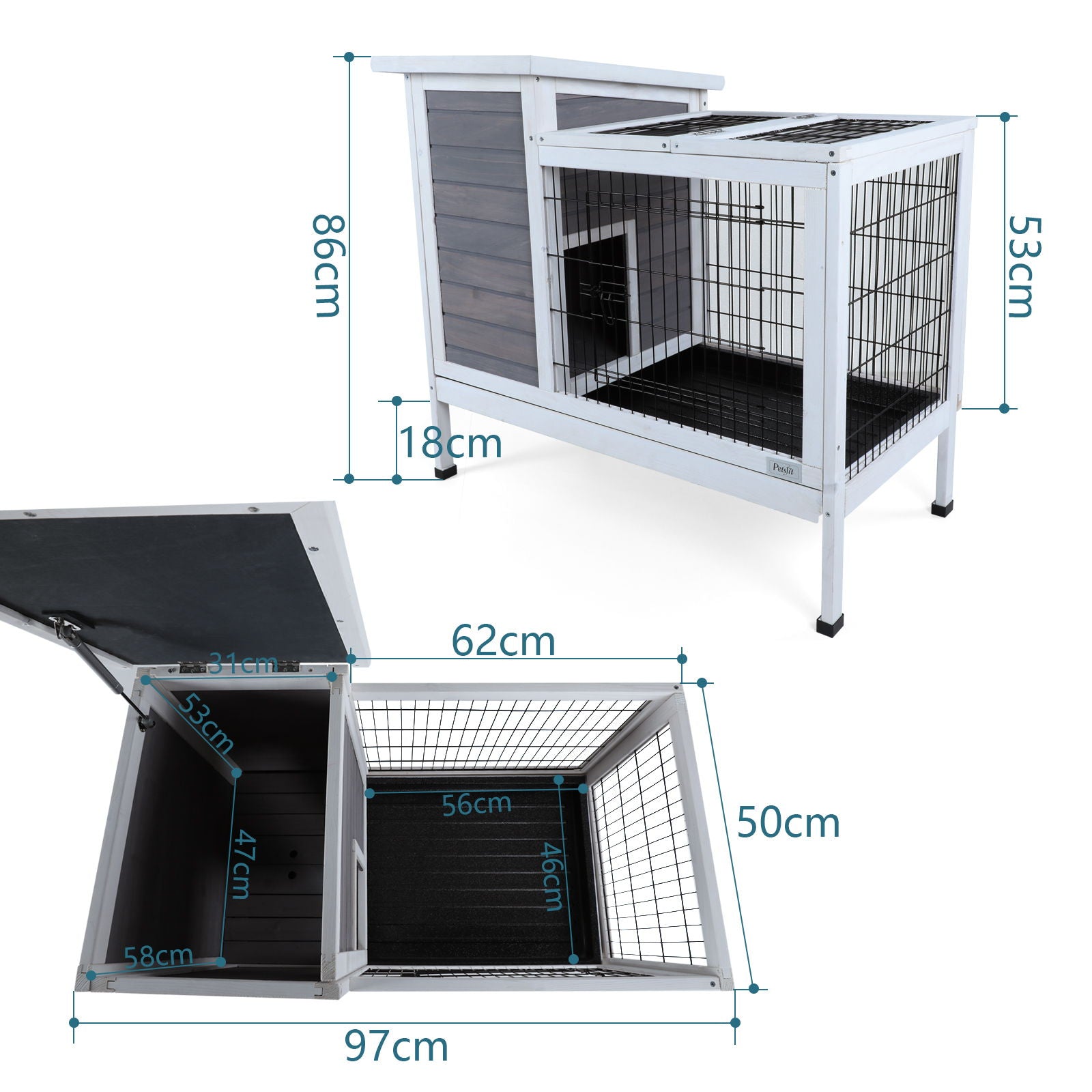 Two Tier Wooden Indoor / Outdoor Rabbit Cage For Small Animals With Runway And Leak-Proof Plastic Tray