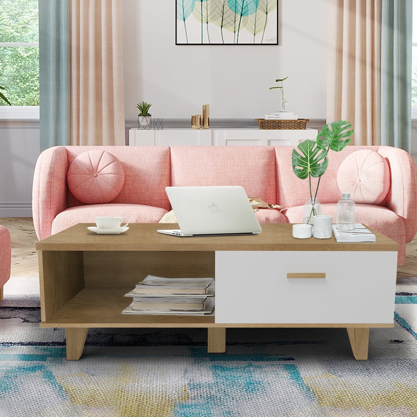 COFFEE TABLE computer table, wood+white color, solid wood handles and legs, two drawers