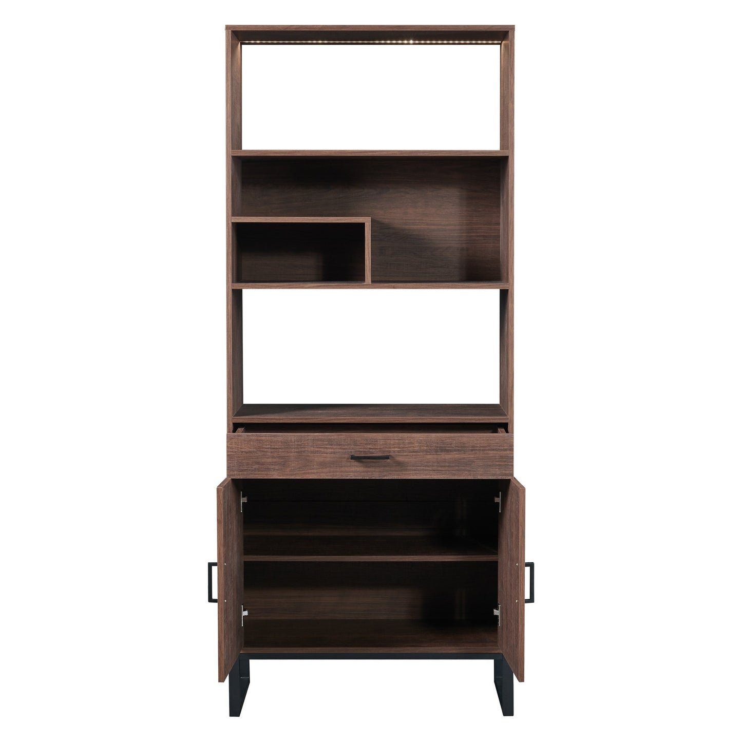 75.9"Modern Open Bookshelf Suite with Doors, Bookcase Suite with Storage drawers and LED Strip Lights,Free Standing Display Rack,Wooden Tall Bookshelf Suite for Living Room and Office, Walnut