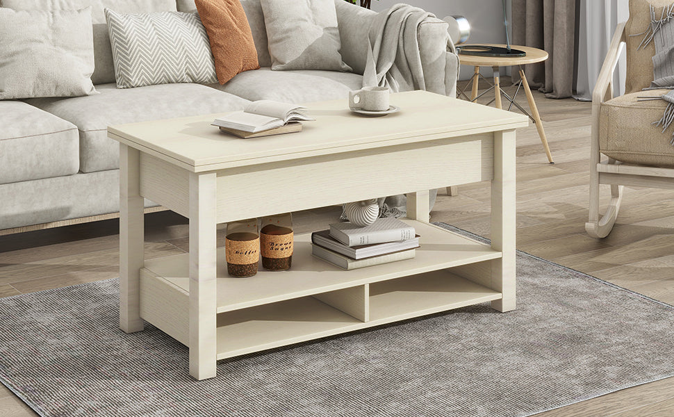 Lift Top Coffee Table, Multi-Functional Coffee Table with Open Shelves, Modern Lift Tabletop Dining Table for Living Room, Home Office, Rustic Ivory