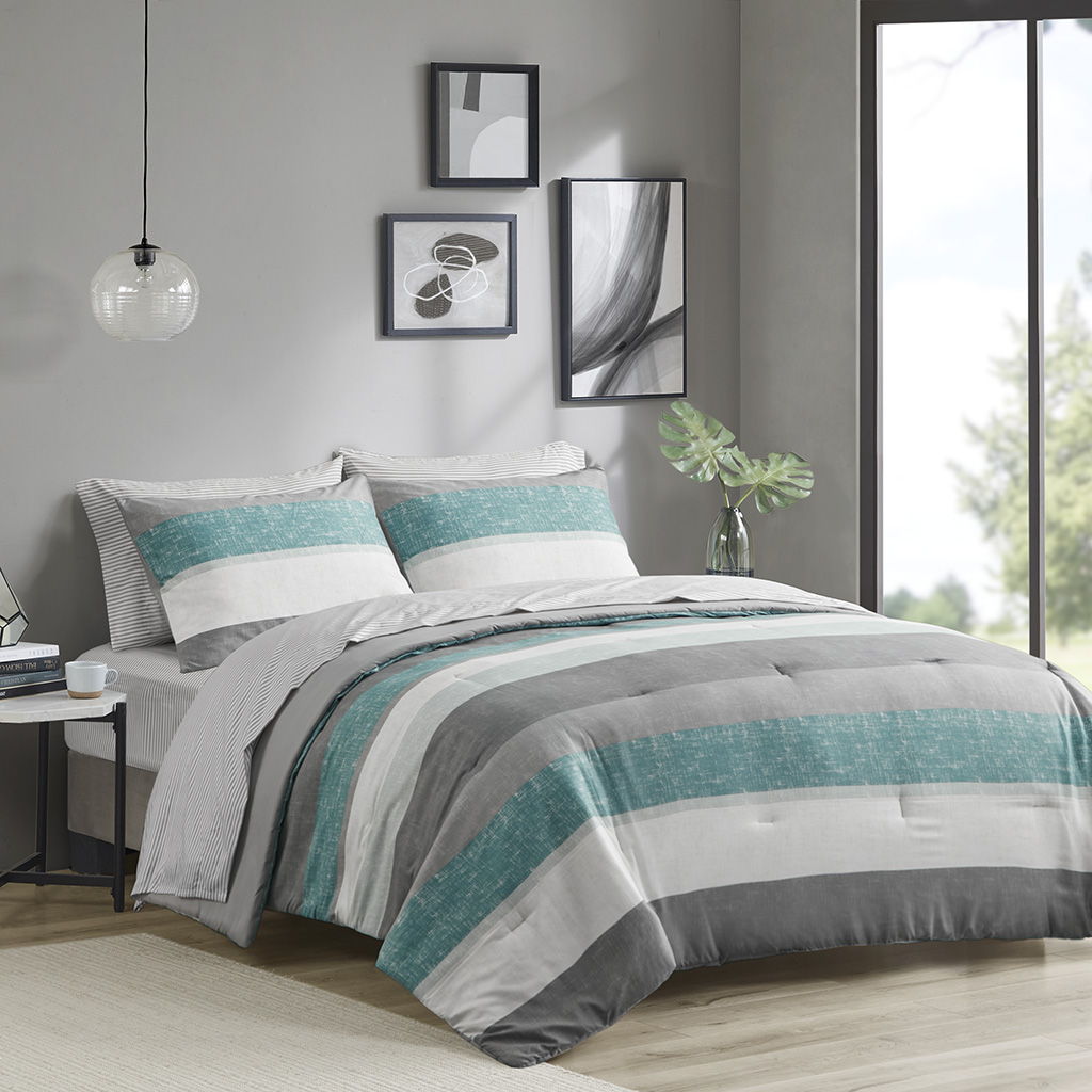 Jaxon - Stripe King Comforter Set With Bed Sheets - Aqua / Gray