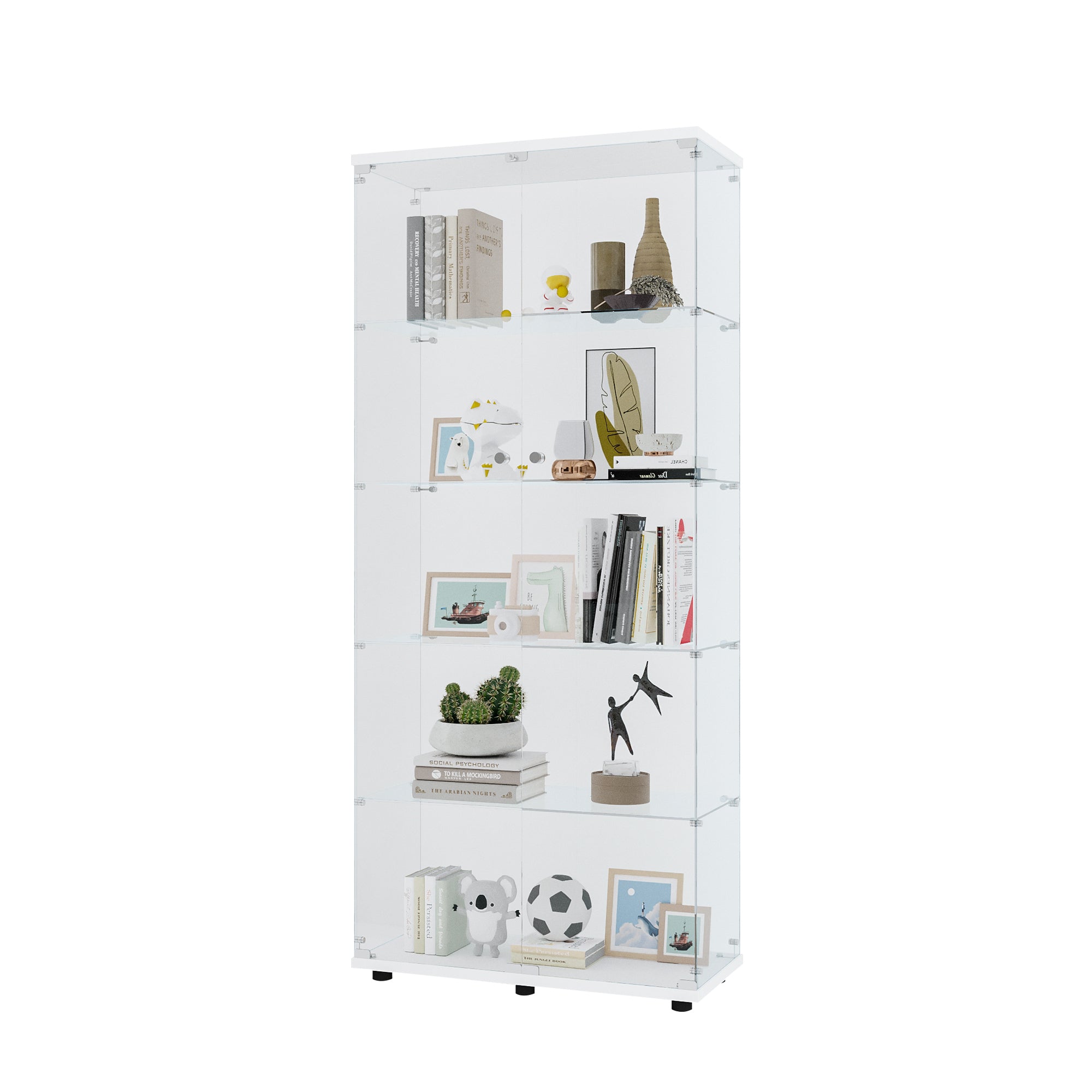 Glass Display Cabinet with 5 Shelves Double Door, Curio Cabinets for Living Room, Bedroom, Office, White Floor Standing Glass Bookshelf, Quick Installation