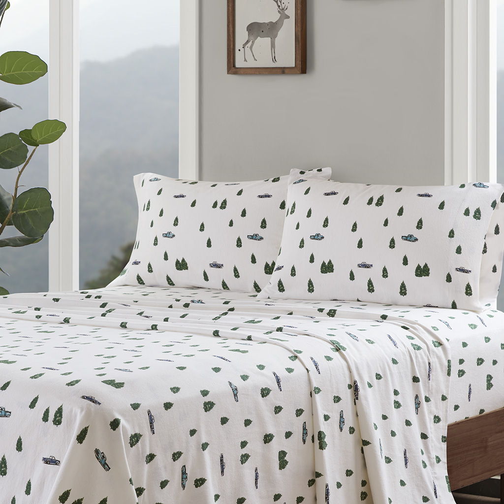 Flannel - 4 Piece King Sheet Set - Green Trees & Trucks