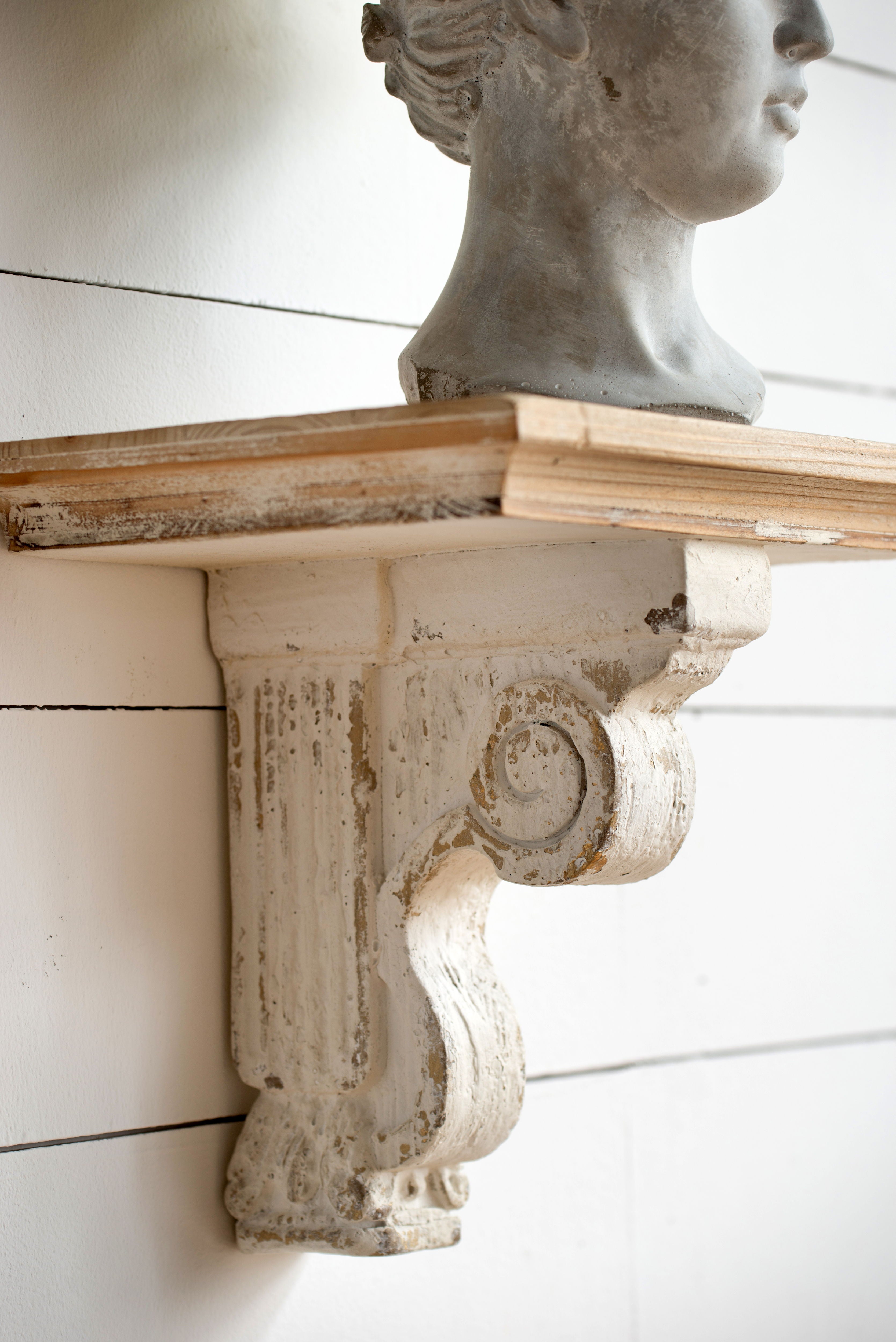Distressed And Wooden Wall Shelf With Corbel Design - Brown / Antique White