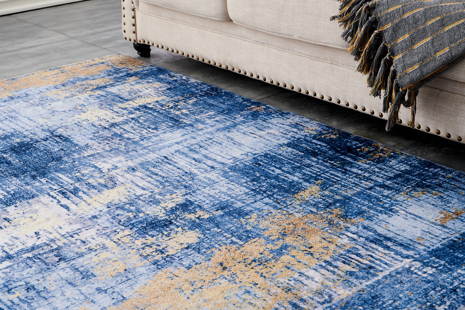 ZARA Collection Abstract Design Blue Gold Machine Washable Super Soft Area Rug