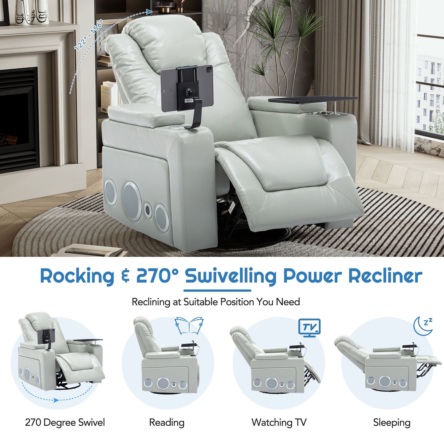 270 Degree Swivel PU Leather Power Recliner Individual Seat Home Theater Recliner with Surround Sound, Cup Holder, Removable Tray Table, Hidden Arm Storage for Living Room, Grey