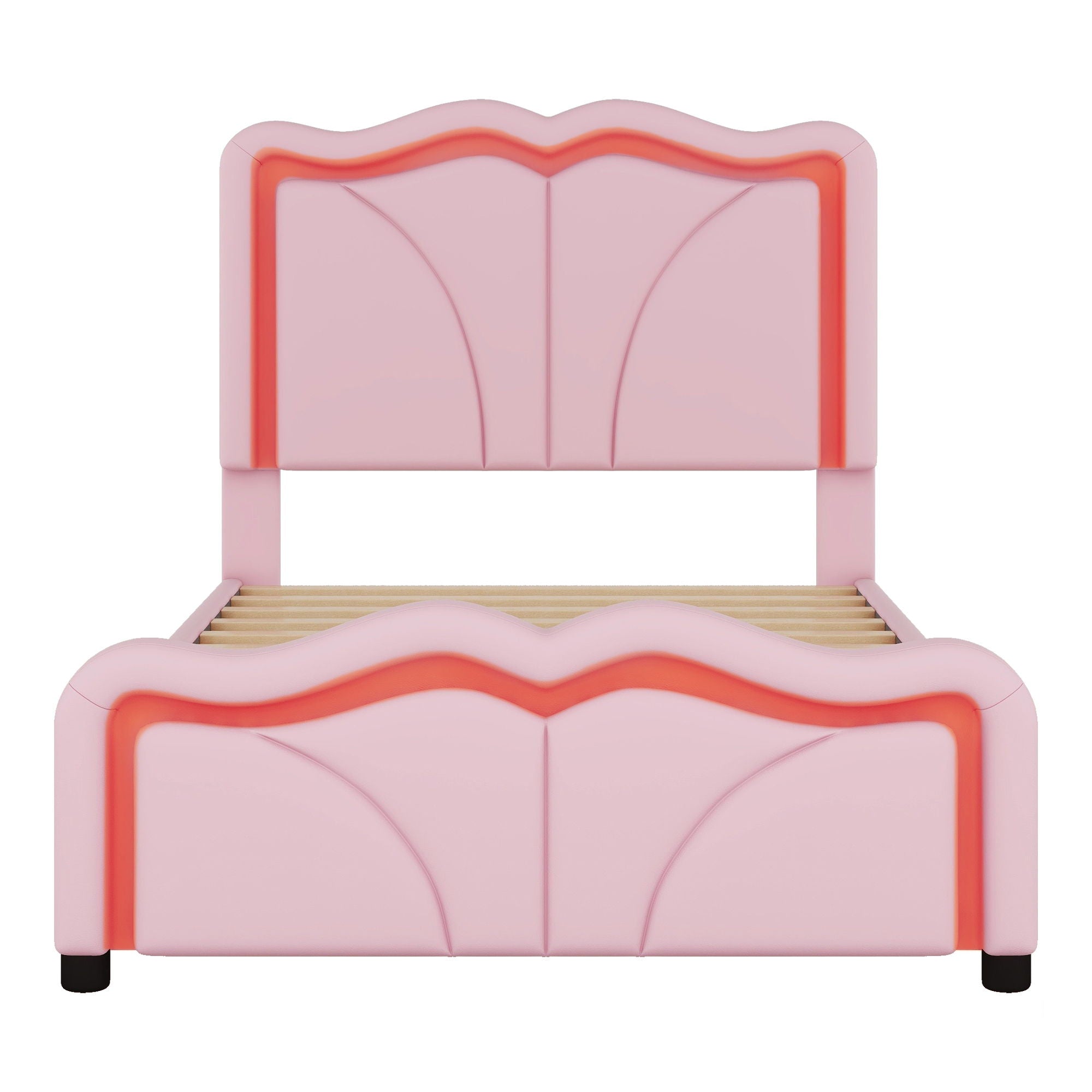 Upholstered Platform Bed & Curve Shaped And Height Adjustable Headboard, LED Light Strips