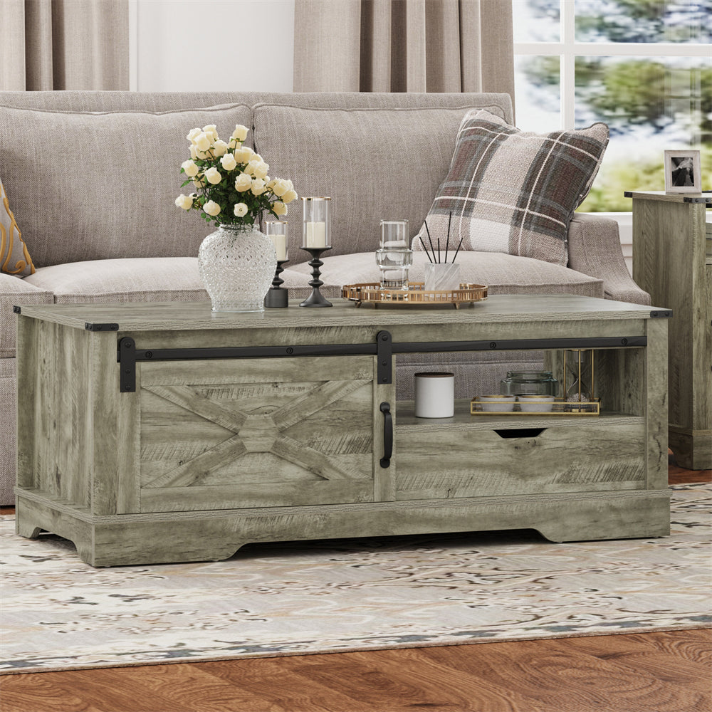 Wood Barn Door Modern Coffee Table Light Gray Sofa Small Side End Tables Living Room With Drawer Storage