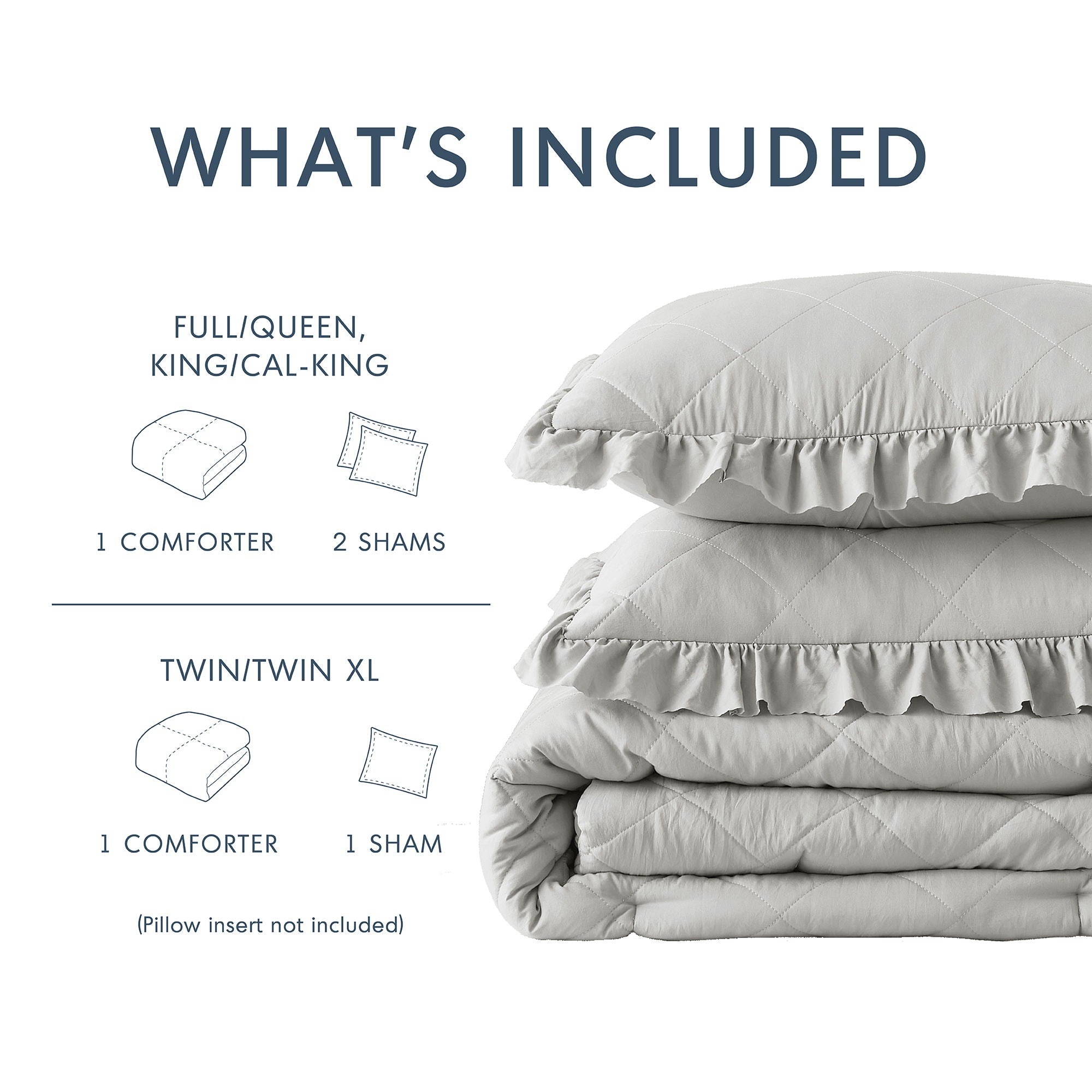 Phoebe - King/California King Diamond Quilted Ruffle Edge Comforter Set - Gray