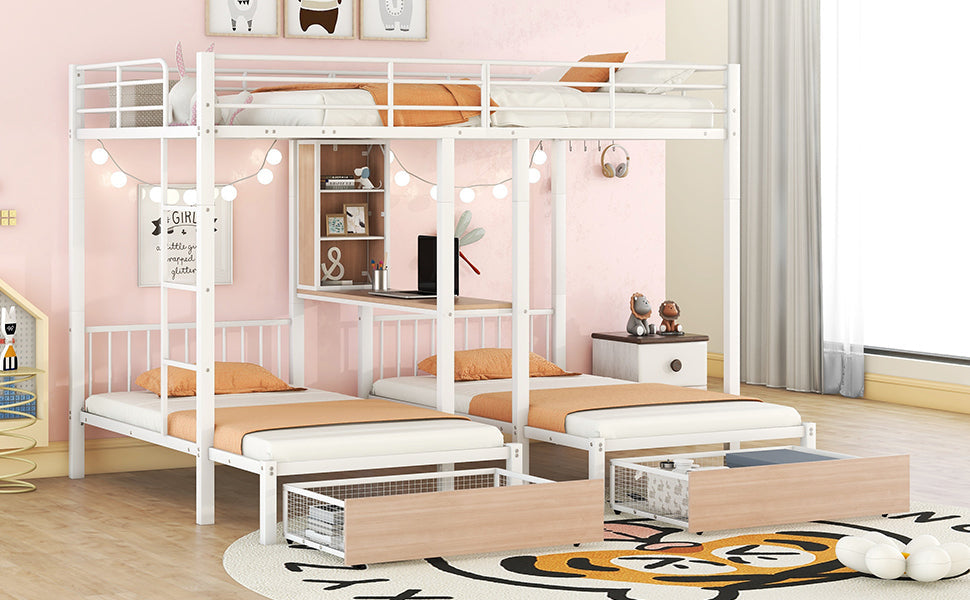 Full Over Twin & Twin Triple Bunk Bed with Drawers, Multi-functional Metal Frame Bed with desks and shelves in the middle, White