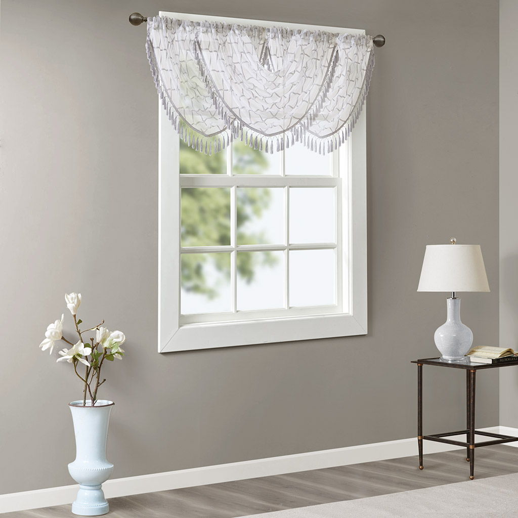 Irina - Diamond Sheer Embroidered Waterfall Valance - White / Gray