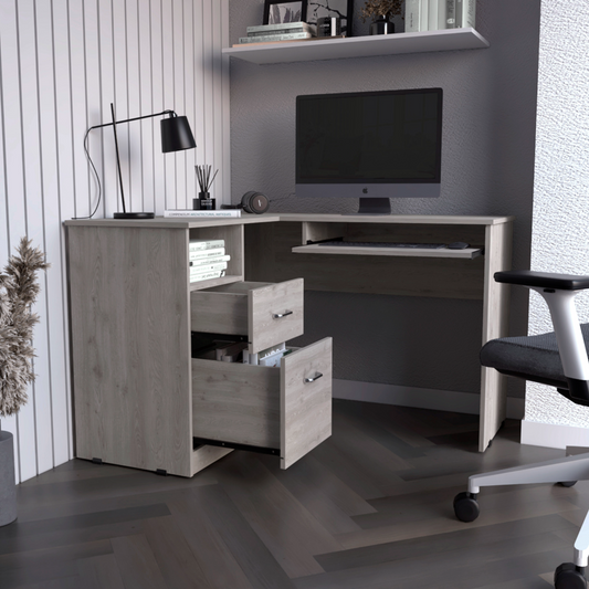 DEPOT E-SHOP Idra L-Shaped Desk, Keyboard Tray, Two Drawers, One Open Shelf, Light Gray
