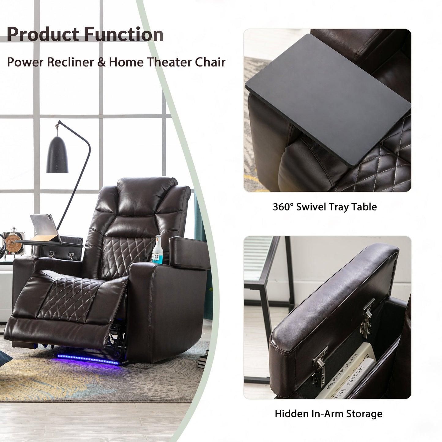 Motion Recliner with USB Charging Port and Hidden Arm Storage, Home Theater Seating with 2 Convenient Cup Holders Design and 360° Swivel Tray Table (old sku: SG000440AAA)