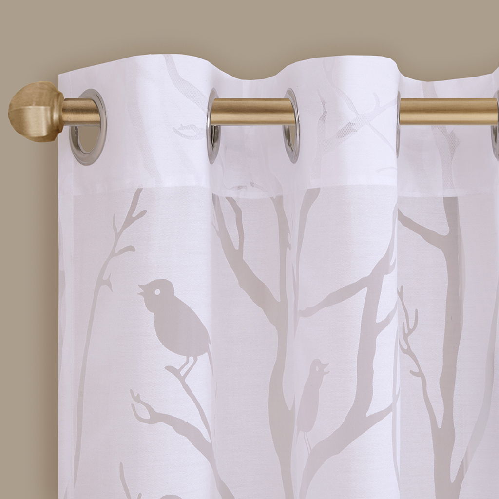 Averil - 95" Grommet Top Sheer Bird On Branches Burnout Window Curtain - White