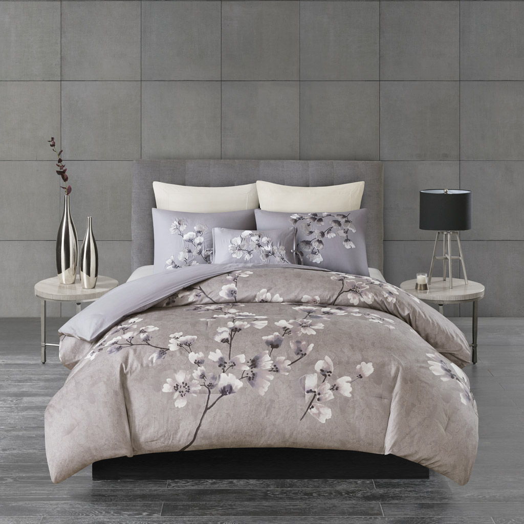 Sakura Blossom - 3 Piece Sateen Printed Comforter Set - Lilac