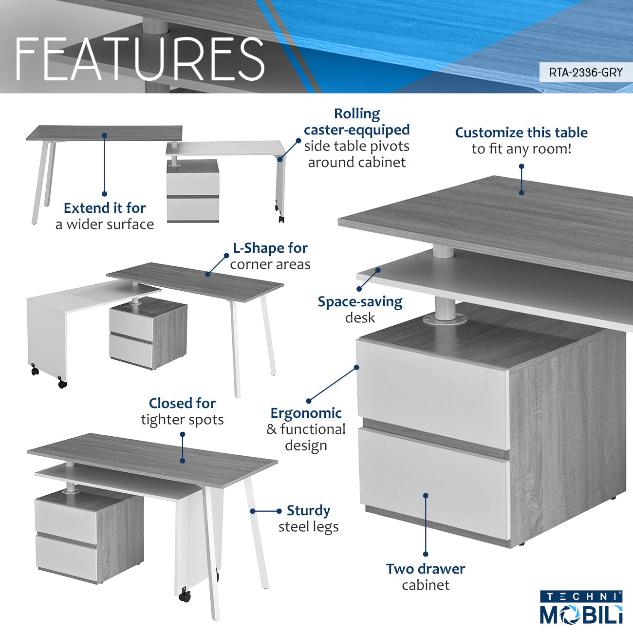 Techni Mobili Rotating Multi-Positional Modern Desk, Grey