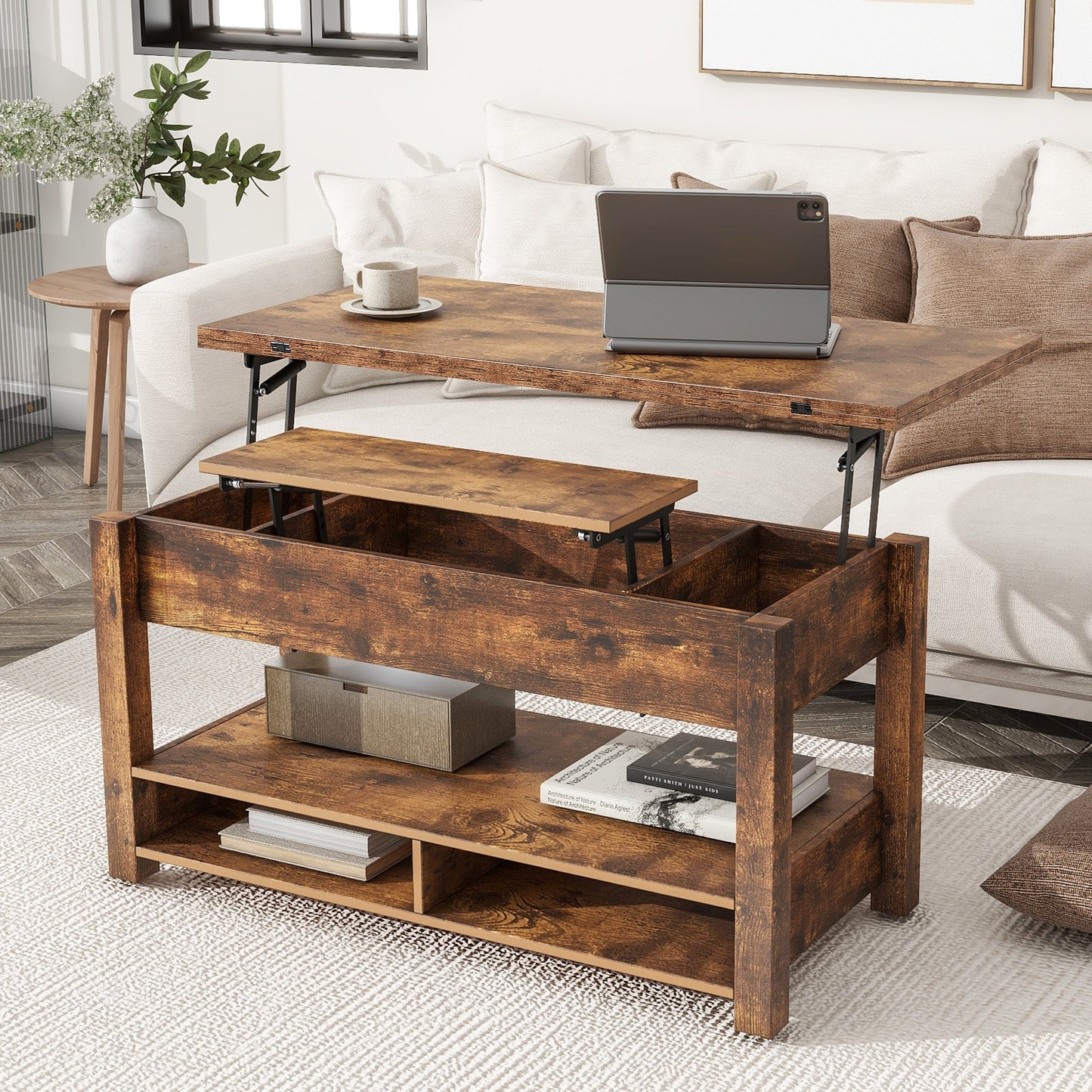 Lift Top Coffee Table, Multi-Functional Coffee Table with Open Shelves, Modern Lift Tabletop Dining Table for Living Room, Home Office, Rustic Brown