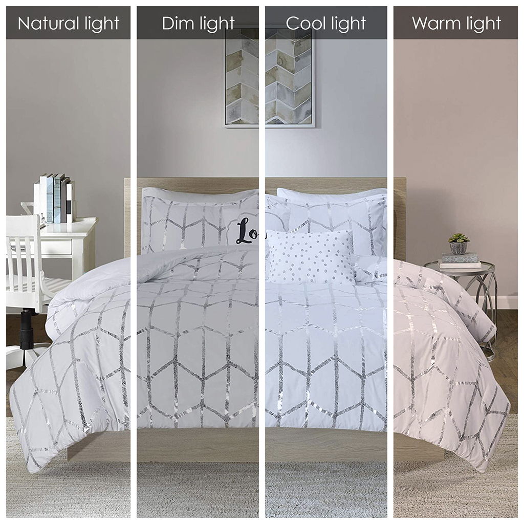 Raina - King Metallic Printed Comforter Set - White / Silver