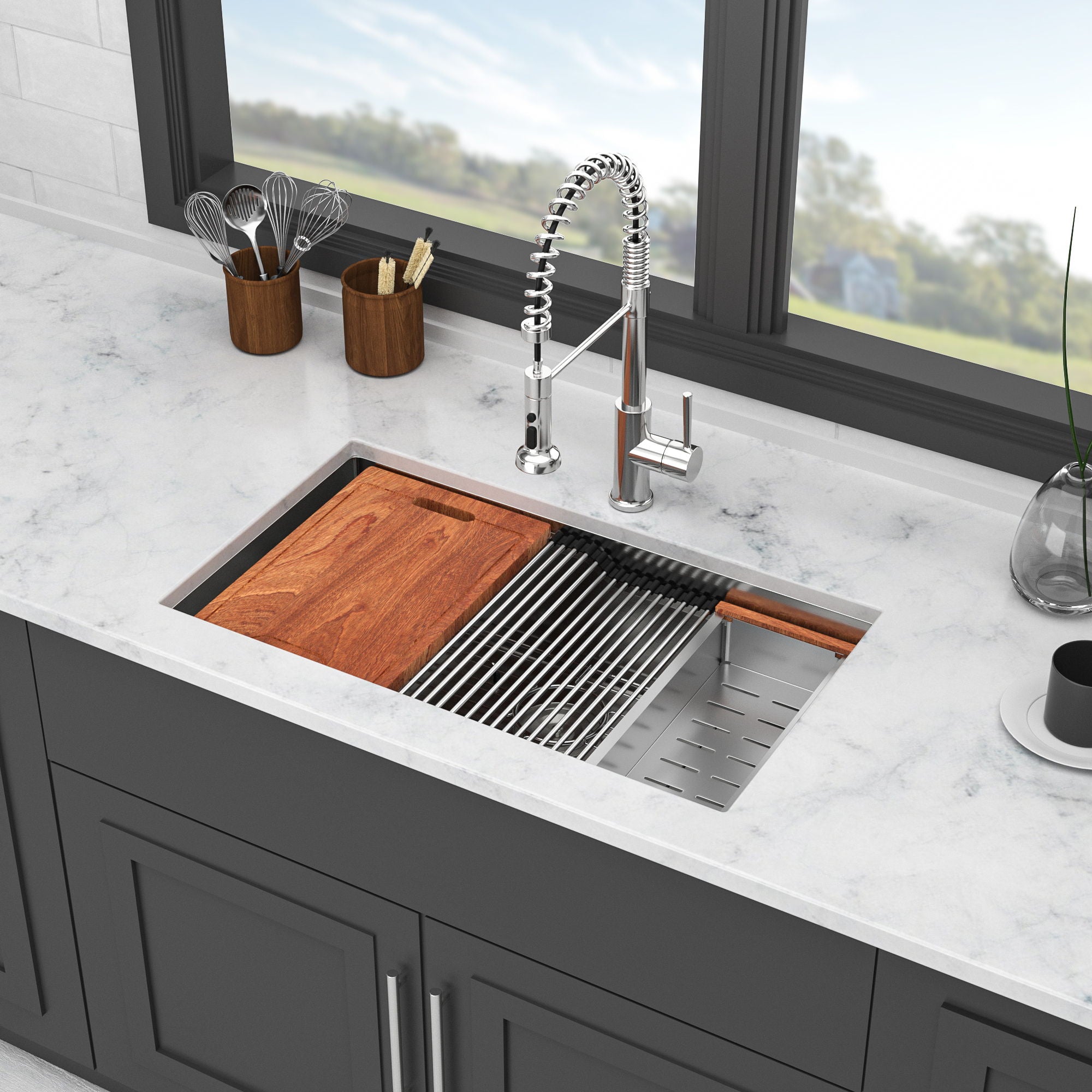 33" Undermount Kitchen Sink Single Bowl Ledge Workstation In 16 Gauge Stainless Steel - White