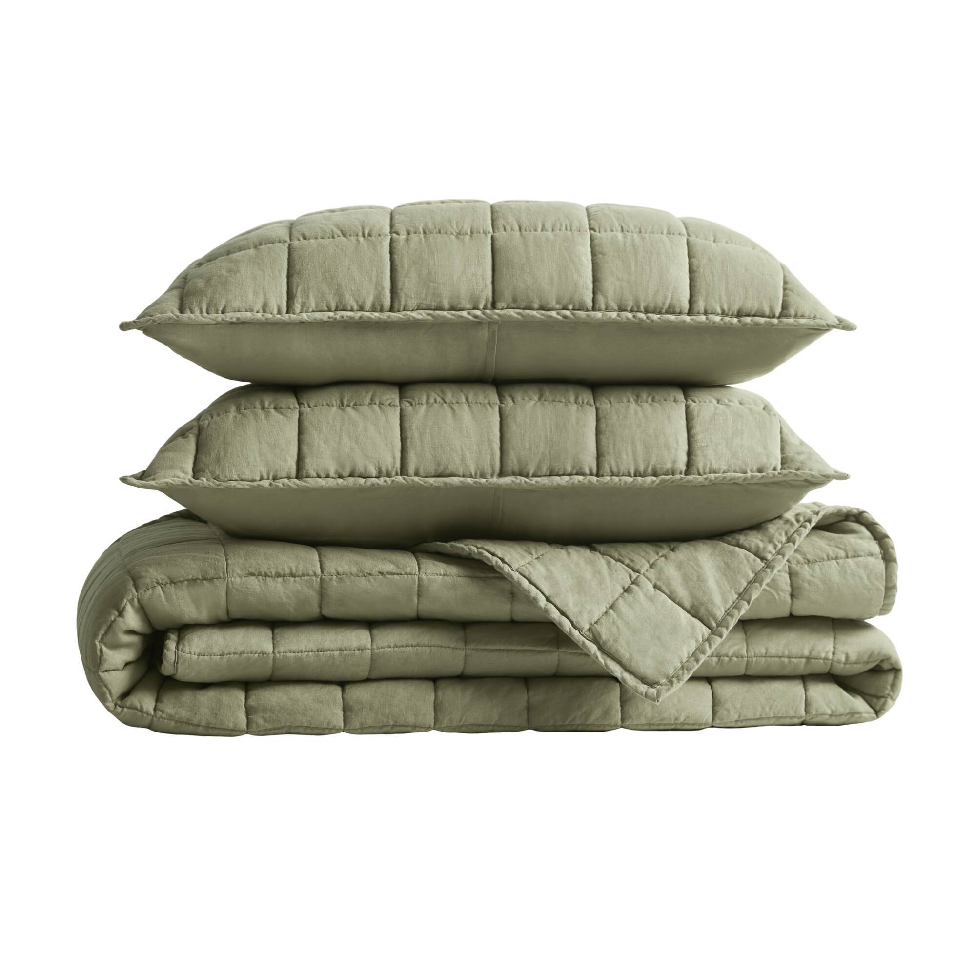 French Flax - Full/Queen Linen Garment Washed Quilt Set - Olive Green
