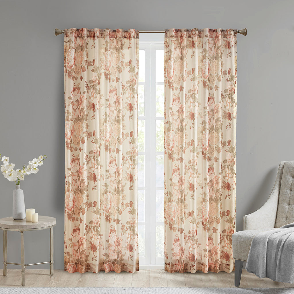 Printed Floral Rod Pocket and Back Tab Voile Sheer Curtain