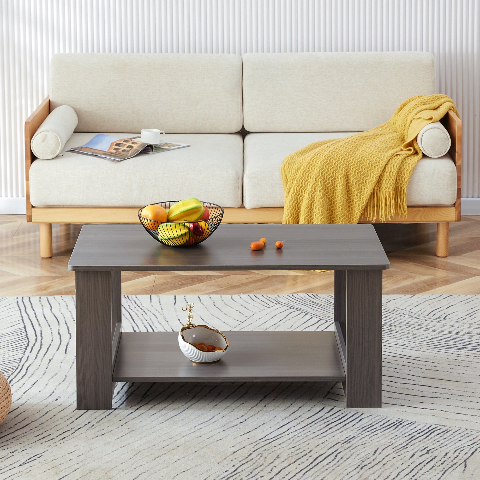 Modern minimalist gray wood grain double layered rectangular coffee table,tea table.MDF material is more durable,Suitable for living room, bedroom, and study room.19.6"*35.4"*16.5" CT-16