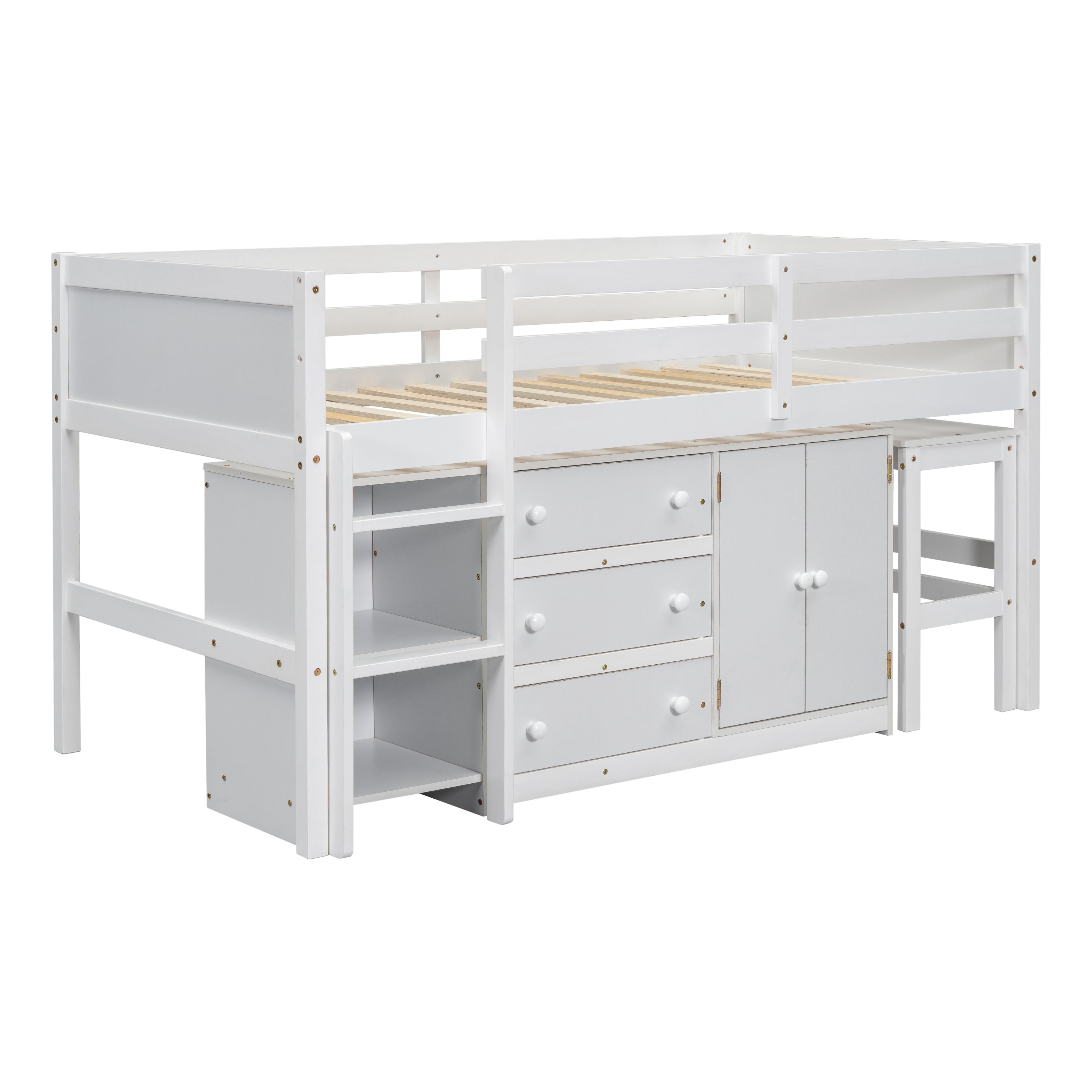 Twin Size Low Loft Bed With Pull-Out Desk, Drawers, Cabinet, and Shelves for White Color