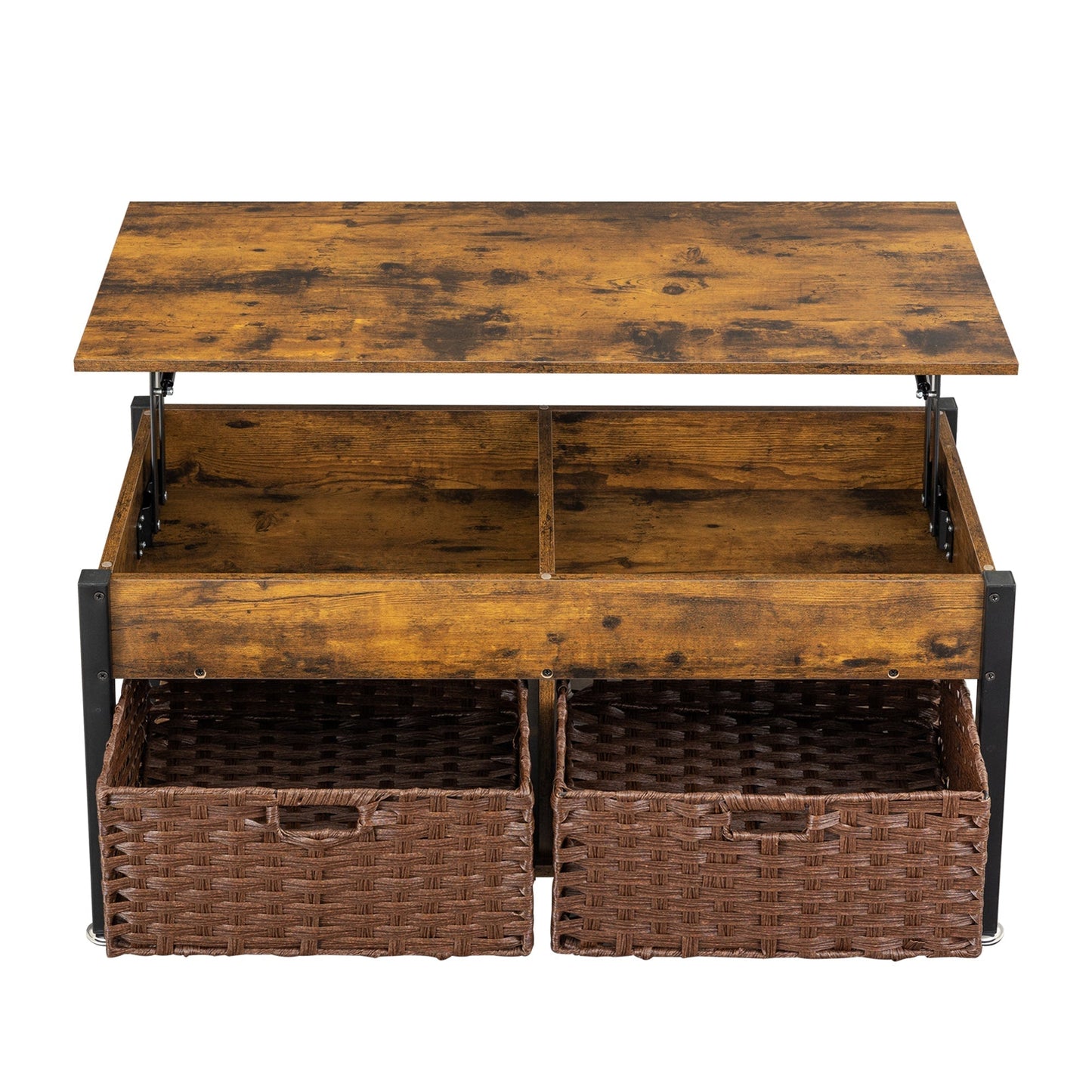 Metal coffee table,desk,with a lifting table,and hidden storage space.There were two removable wicker baskets that could be placed in any space such as the living room,color:brown with fire wood grain