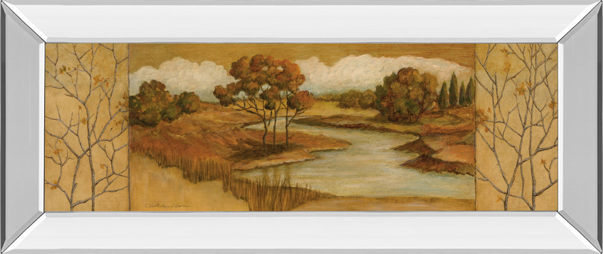 River Scene II - Mirror Framed Print Wall Art - Light Brown