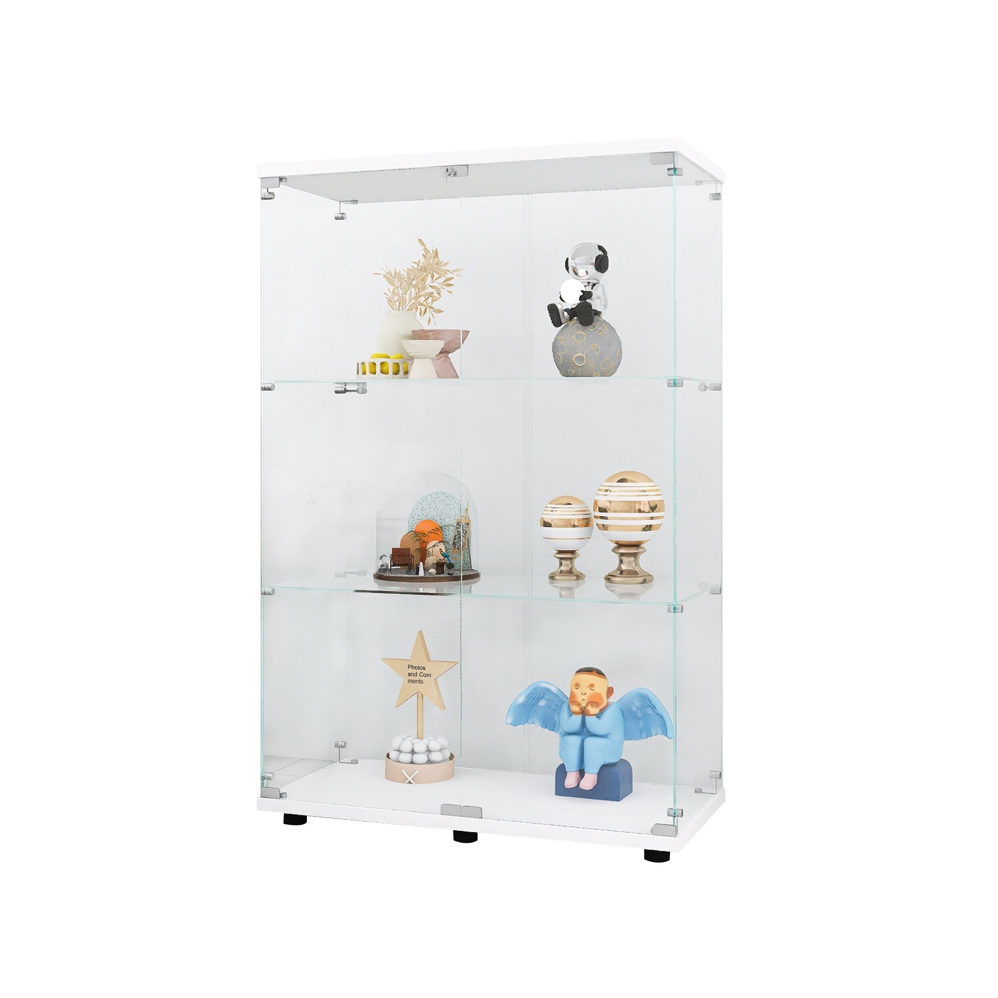 Two-door Glass Display Cabinet 3 Shelves with Door, Floor Standing Curio Bookshelf for Living Room Bedroom Office, 49.3"*31.7"*14.3", White