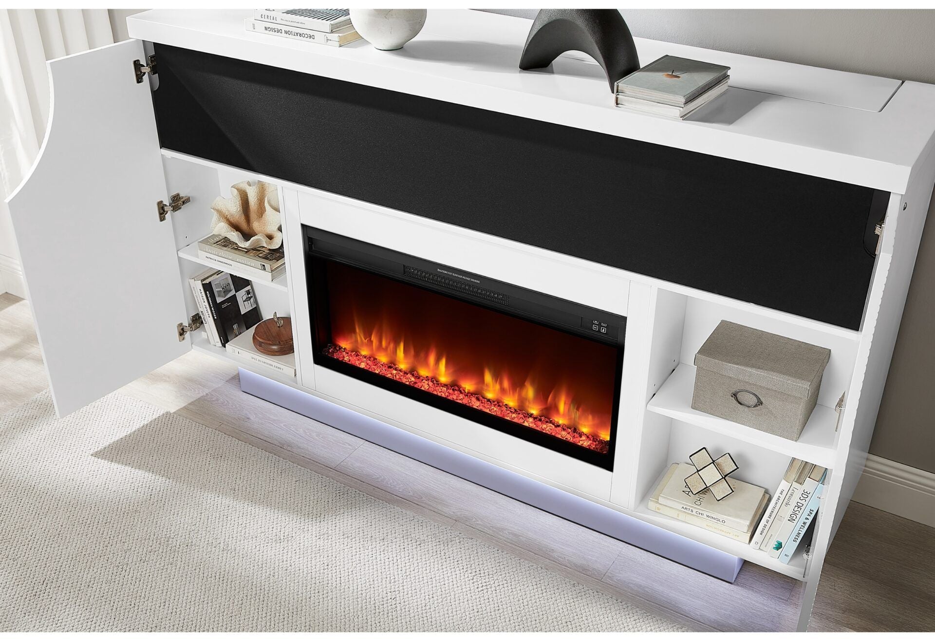 Aveena - 76" Entertainment Unit With TV, LED, Speakers, Crystal Inserts And Pop Up Center Doors - White