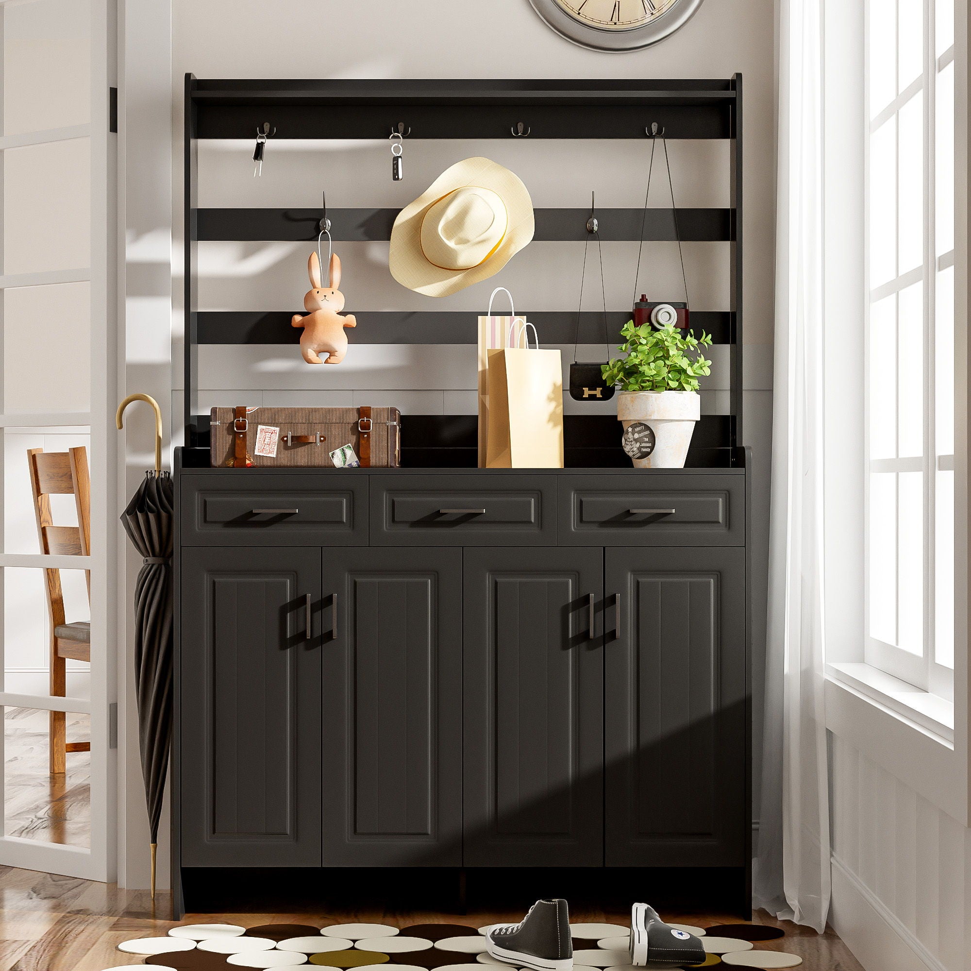 Minimalist 4 Door Shoe Cabinet With Coat Rack, 3 Drawers, 8 Shelves, Metal Hooks And Handles