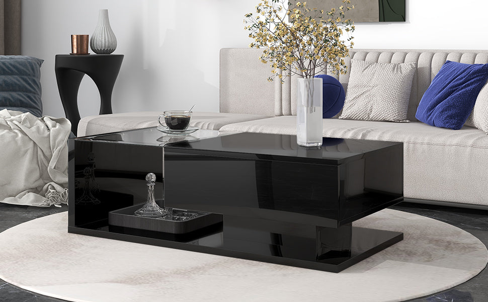 Modern Coffee Table with Tempered Glass, Wooden Cocktail Table with High-gloss UV Surface, Modernist 2-Tier Rectangle Center Table for Living Room, Black