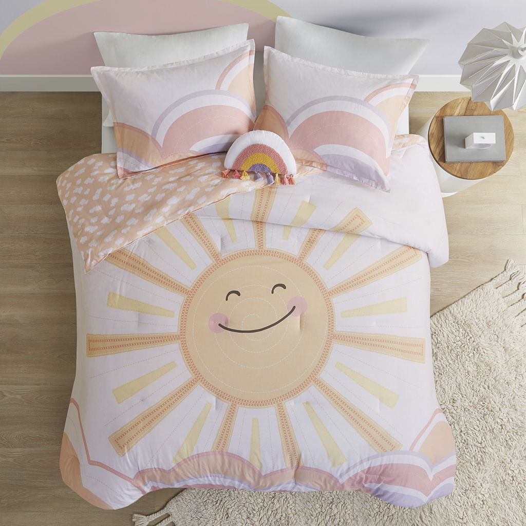 Dawn - Sunshine Printed Reversible Comforter Set - Yellow / Coral