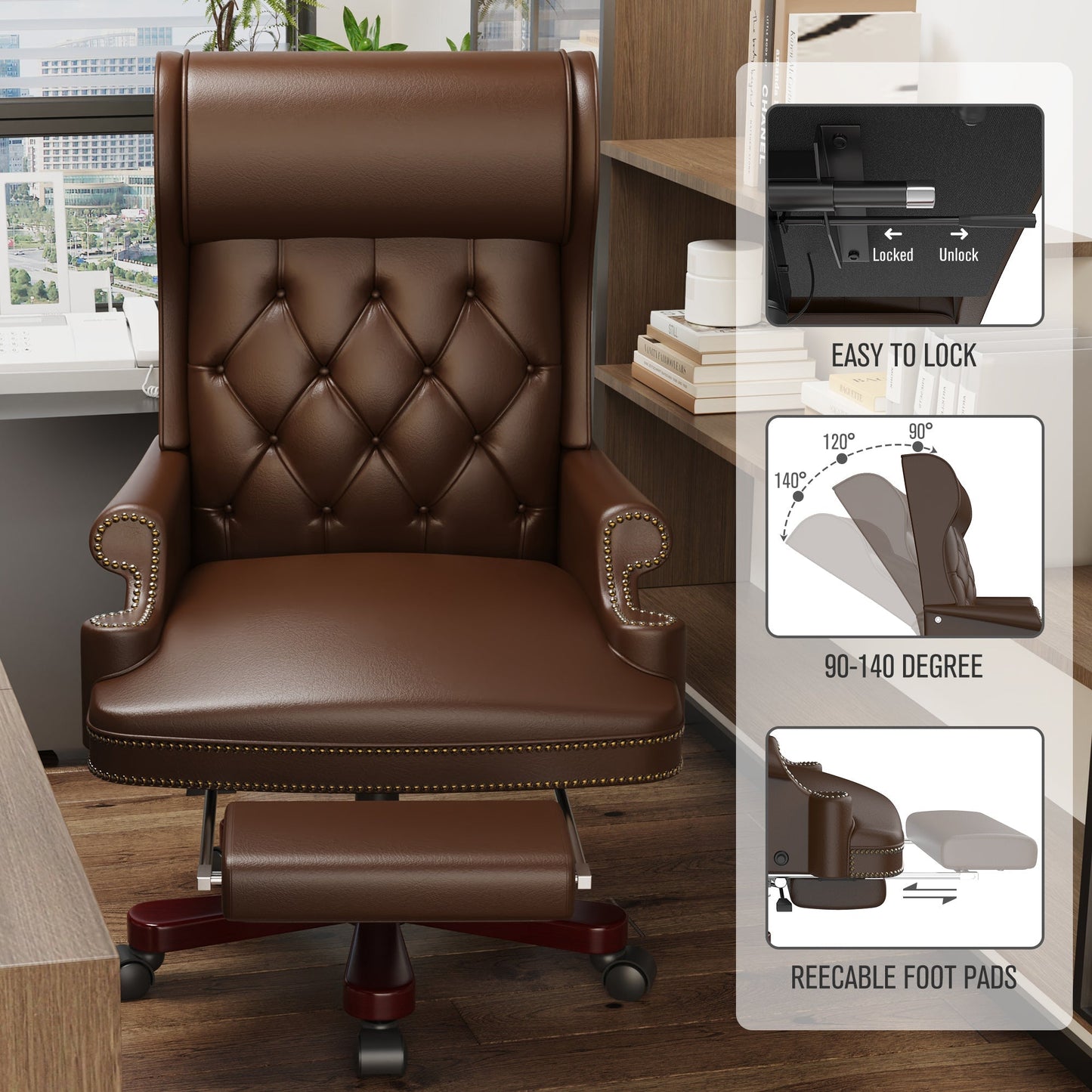 330LBS Executive Office Chair with Footstool, Ergonomic Design High Back Reclining Comfortable Desk Chair - Brown
