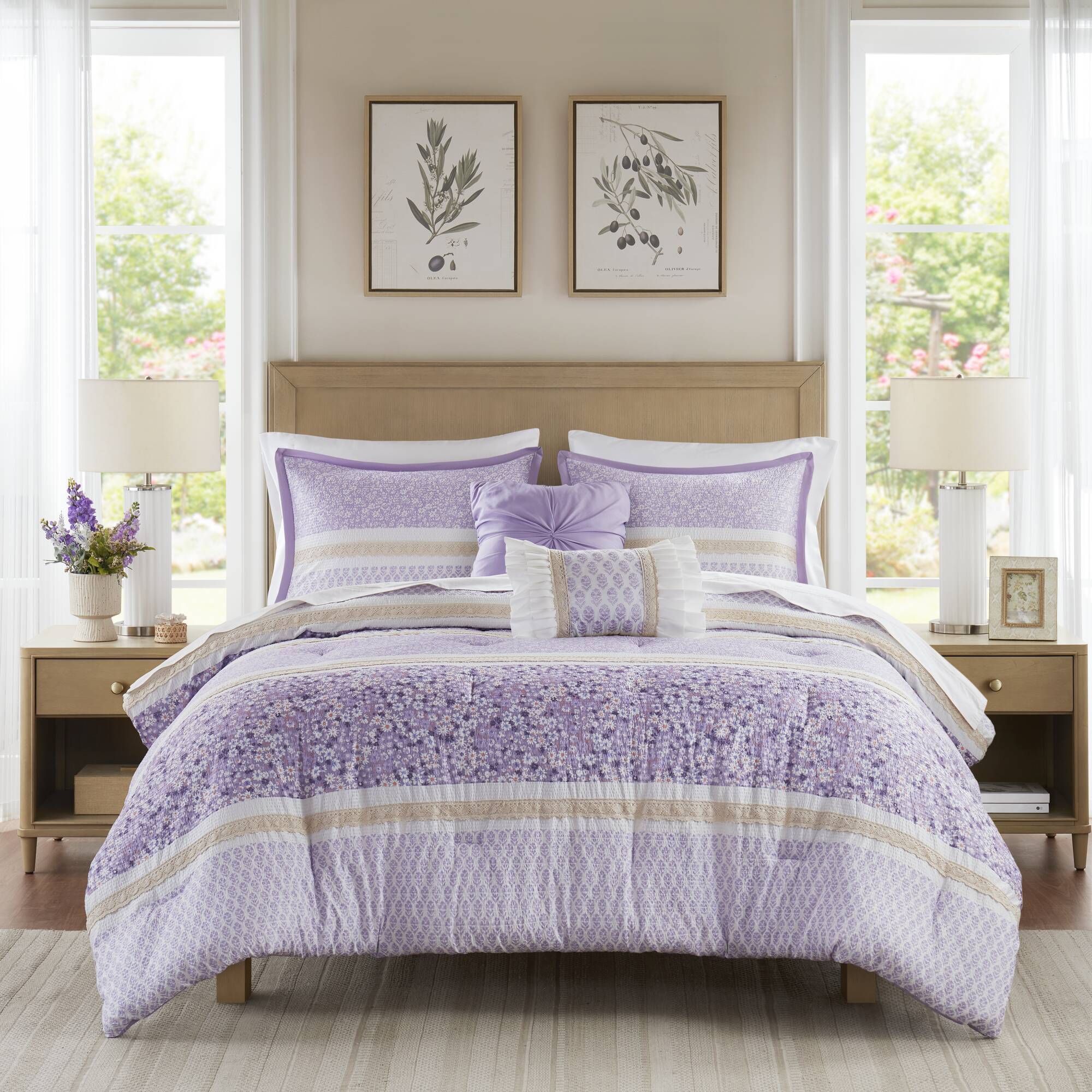 Caralie - 5 Piece Seersucker Comforter Set With Throw Pillows - Purple