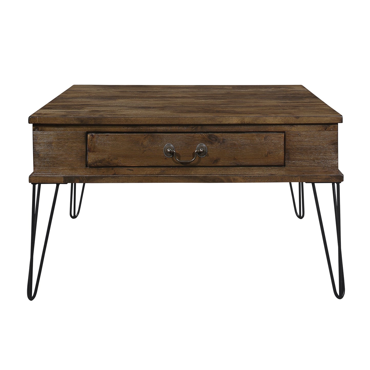 Rustic Oak and Black Finish Classic Square Cocktail Table with 2 Drawers Metal Legs Solid Wood Living Room Furniture 1pc Coffee Table