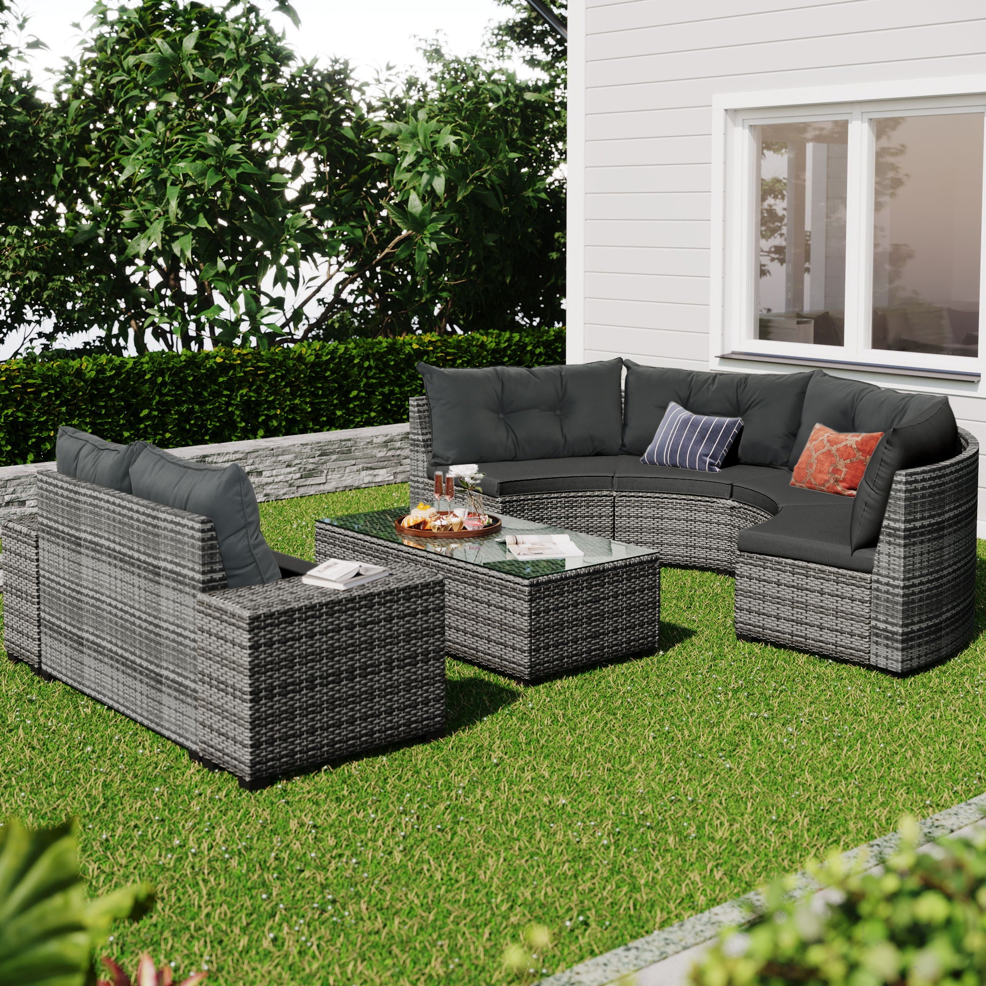 8 Pieces Outdoor Wicker Round Sofa Set, Half-Moon Sectional Sets All Weather, Curved Sofa Set With Rectangular Coffee Table, PE Rattan Water-Resistant And UV Protected, Movable Cushion