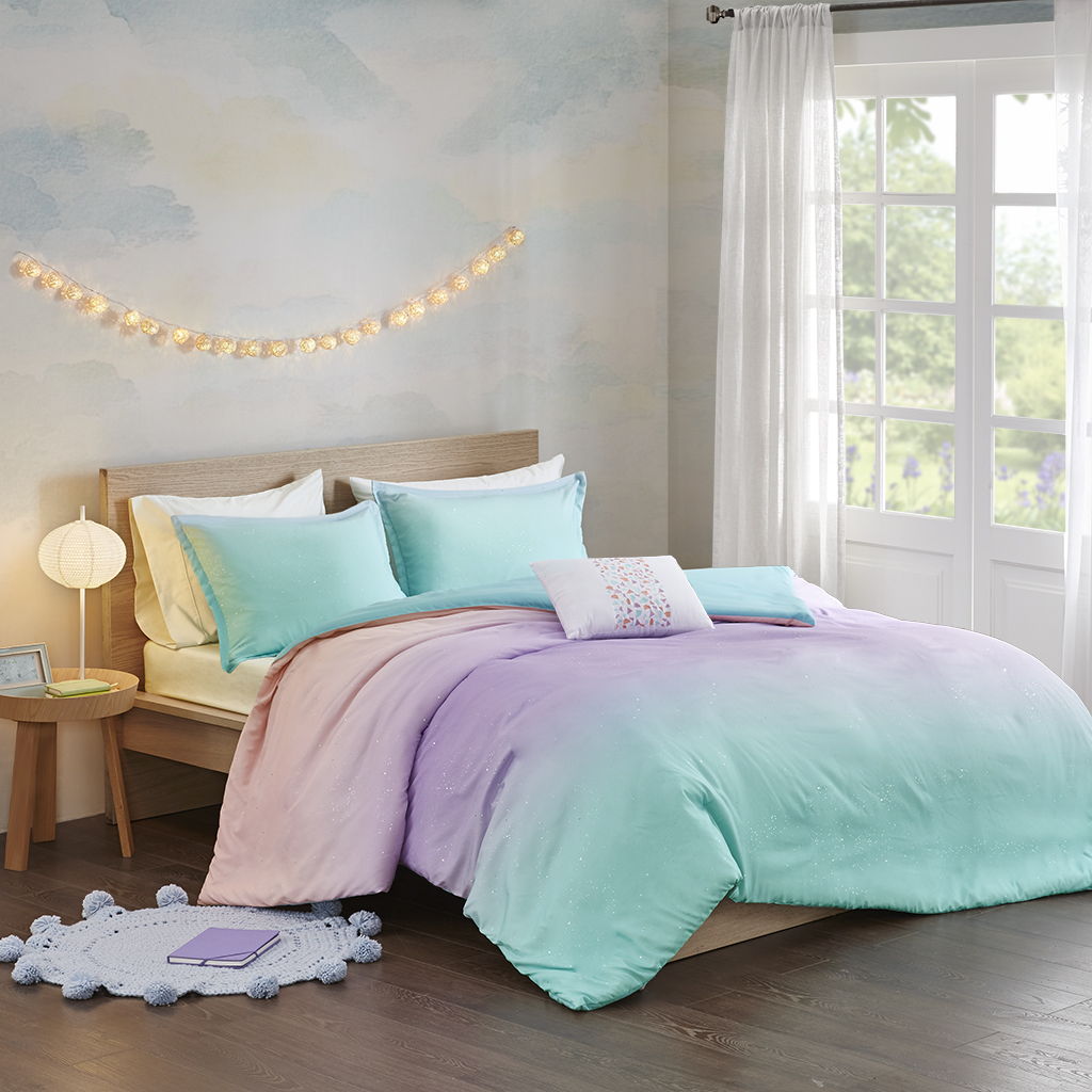 Glimmer - Twin Metallic Glitter Printed Reversible Duvet Cover Set - Aqua