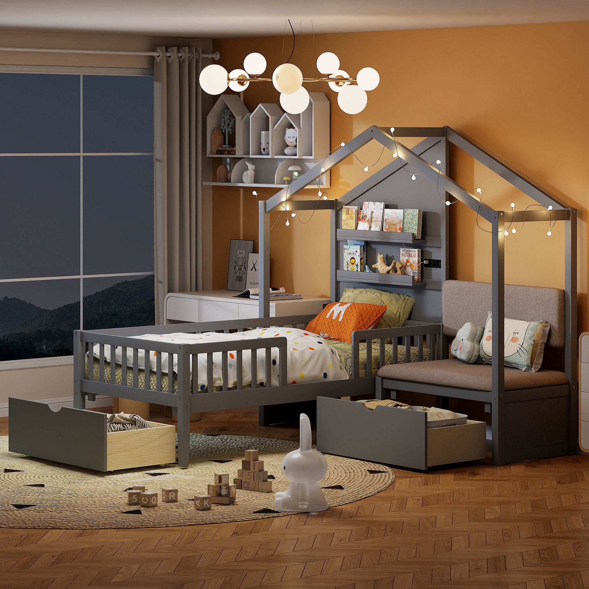 House Bed With Upholstered Sofa, Wireless Charging Station, Shelves And 2 Drawers
