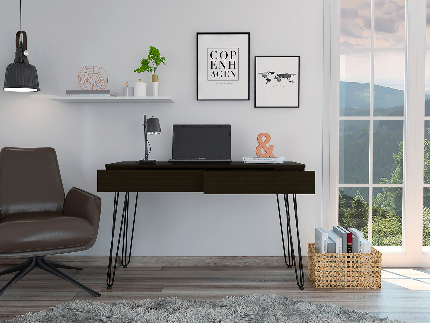 Mumbai 2 Drawers Computer Desk with Hairpin Legs -Black