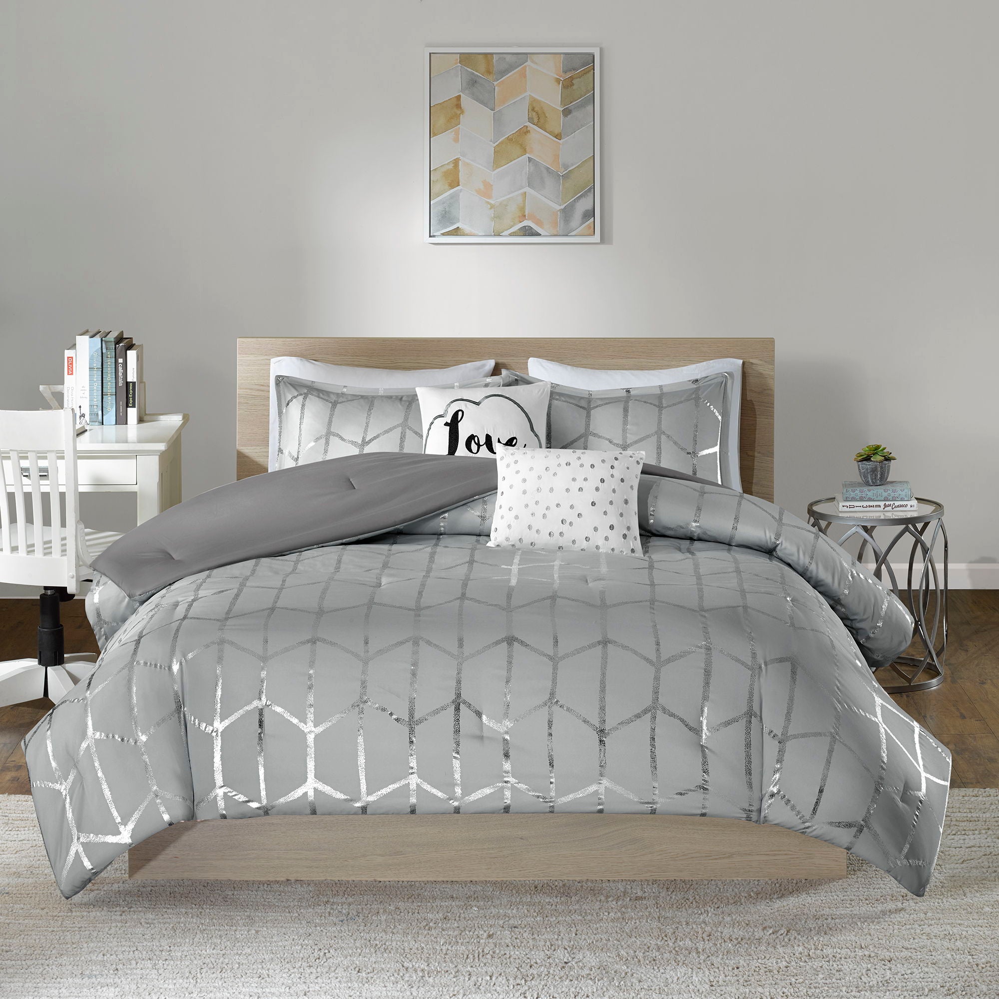 Raina - Polyester Brushed Microfiber Printed Comforter Set - Gray / Silver