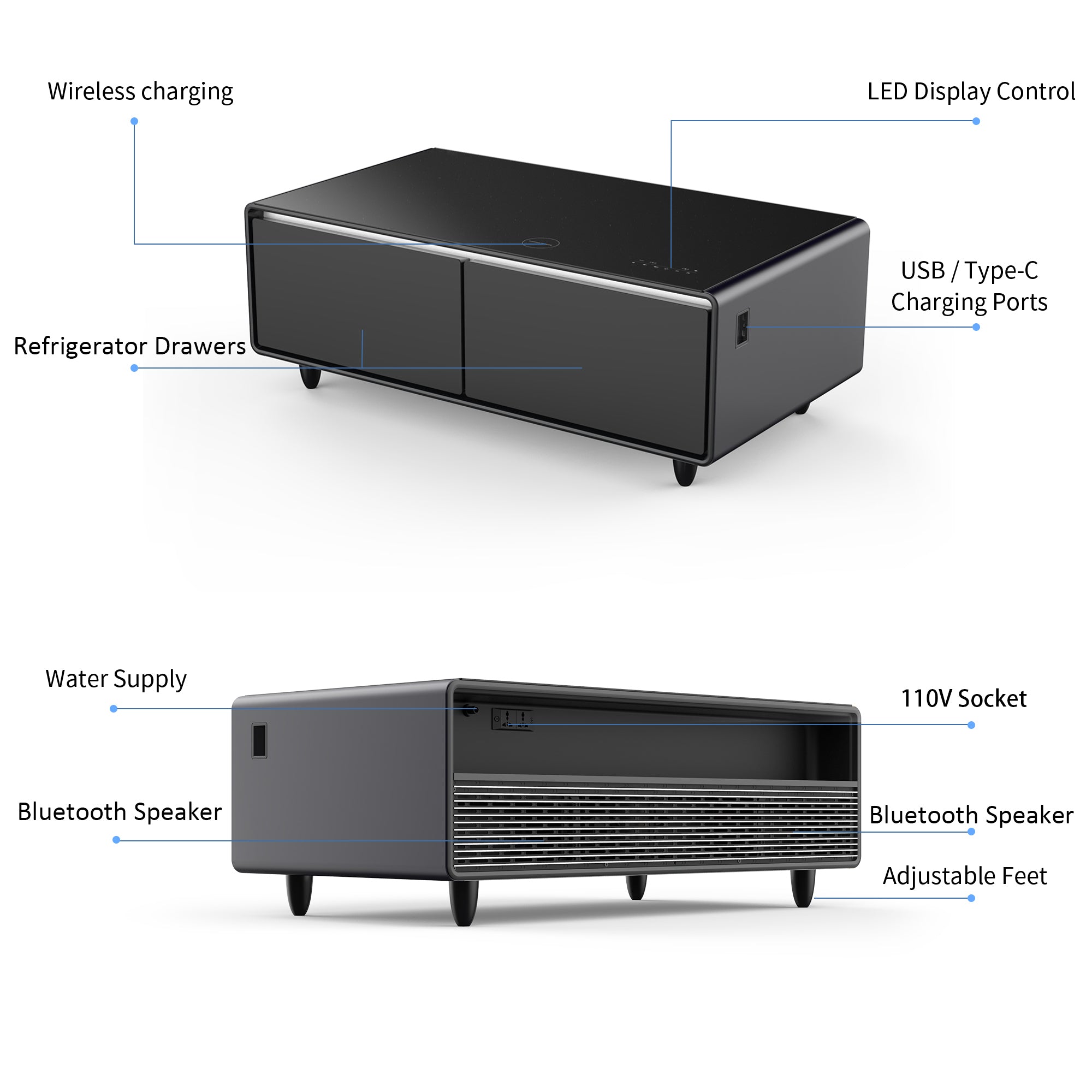 Modern Smart Coffee Table with Built-in Fridge, Bluetooth Speaker, Wireless Charging Module, Touch Control Panel, Power Socket, USB Interface, Outlet Protection, Atmosphere light, Black