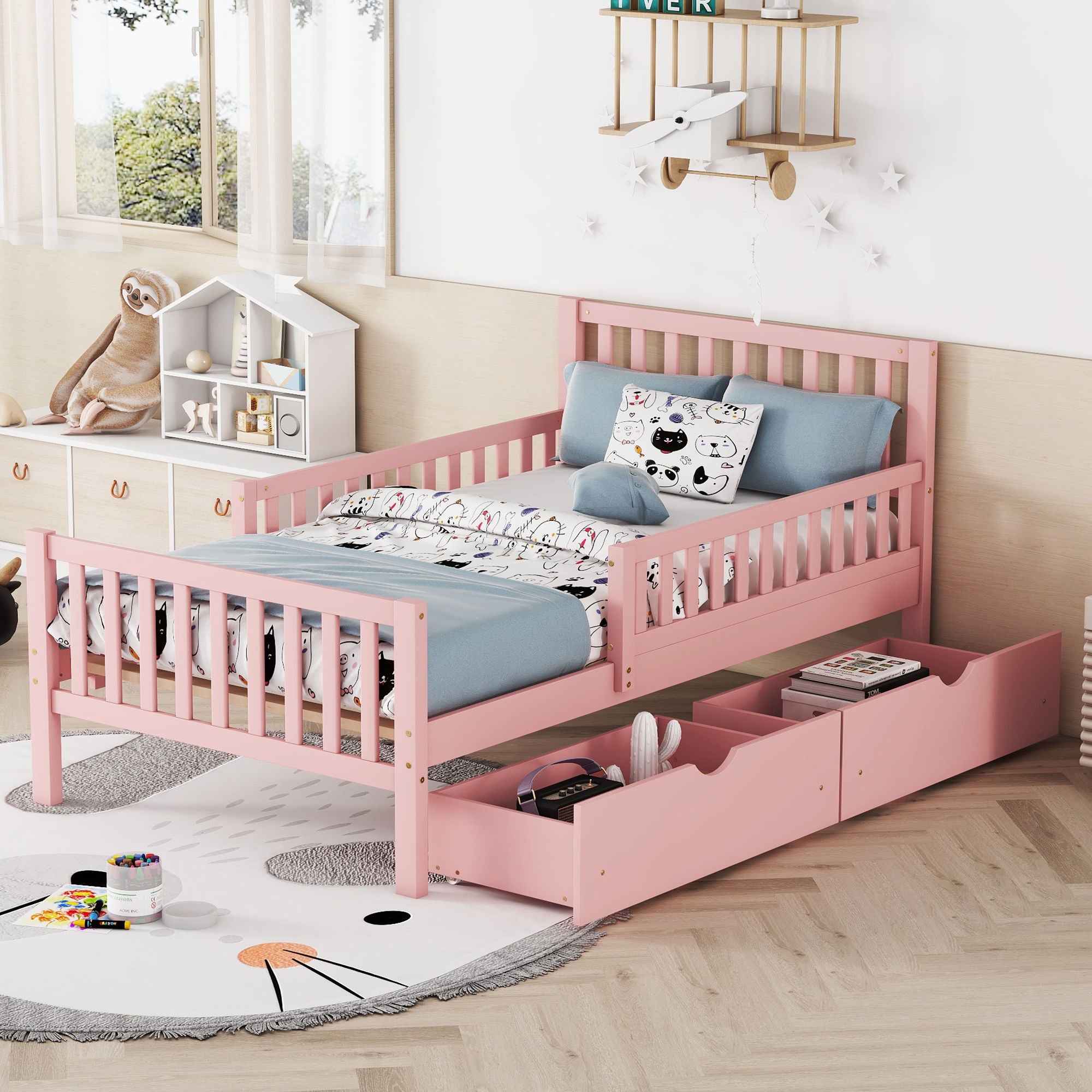 Platform Bed With Guardrails On Both Sides And 2 Storage Drawers